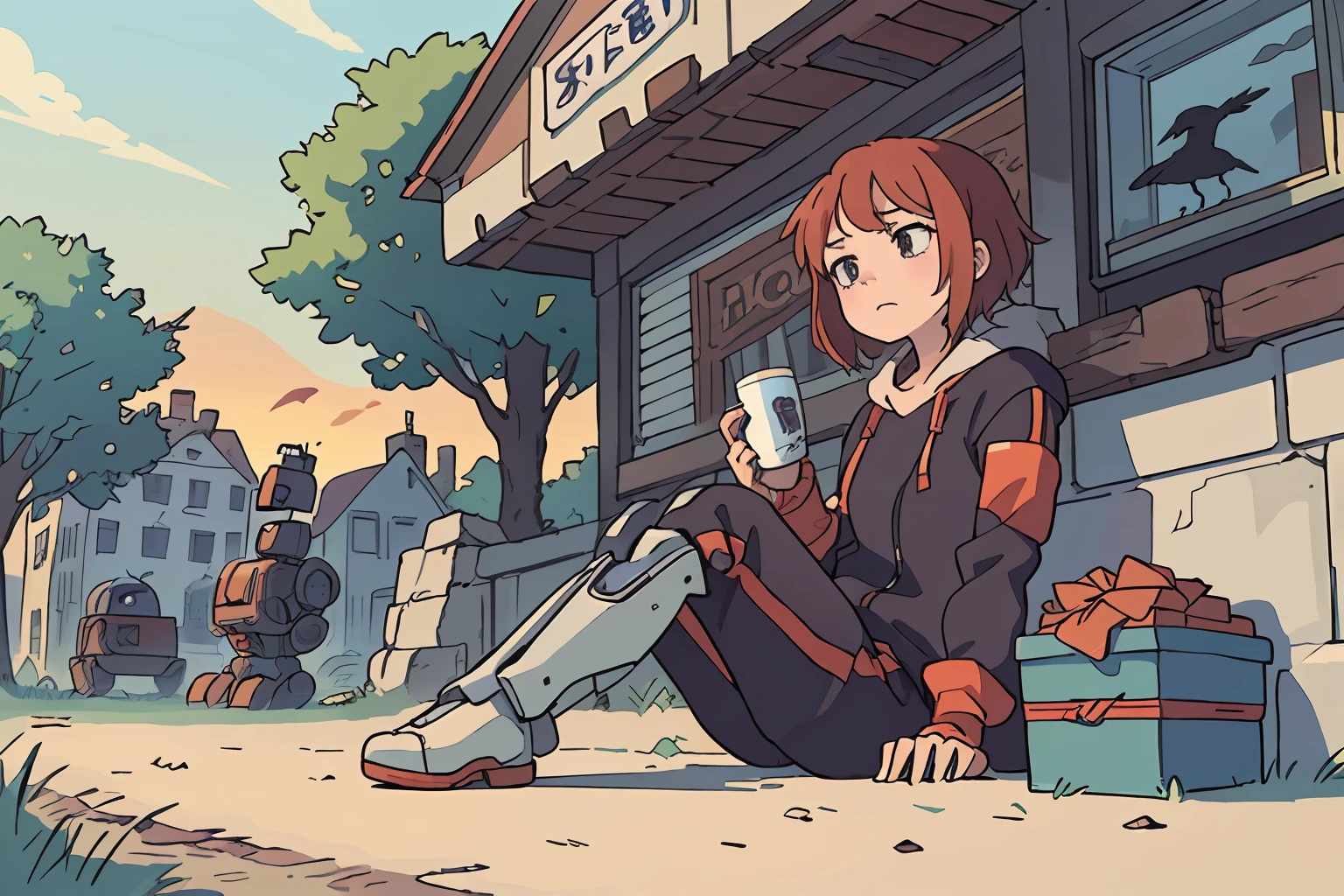 (masterpiece:1.2, best quality), (highly detailed:1.3), a perfect anime illustration of (vintage robot girl sitting on ground, rusty, sad, beg for money), summer town, trees, ruins, crows, sunny, vibrant colors, bright