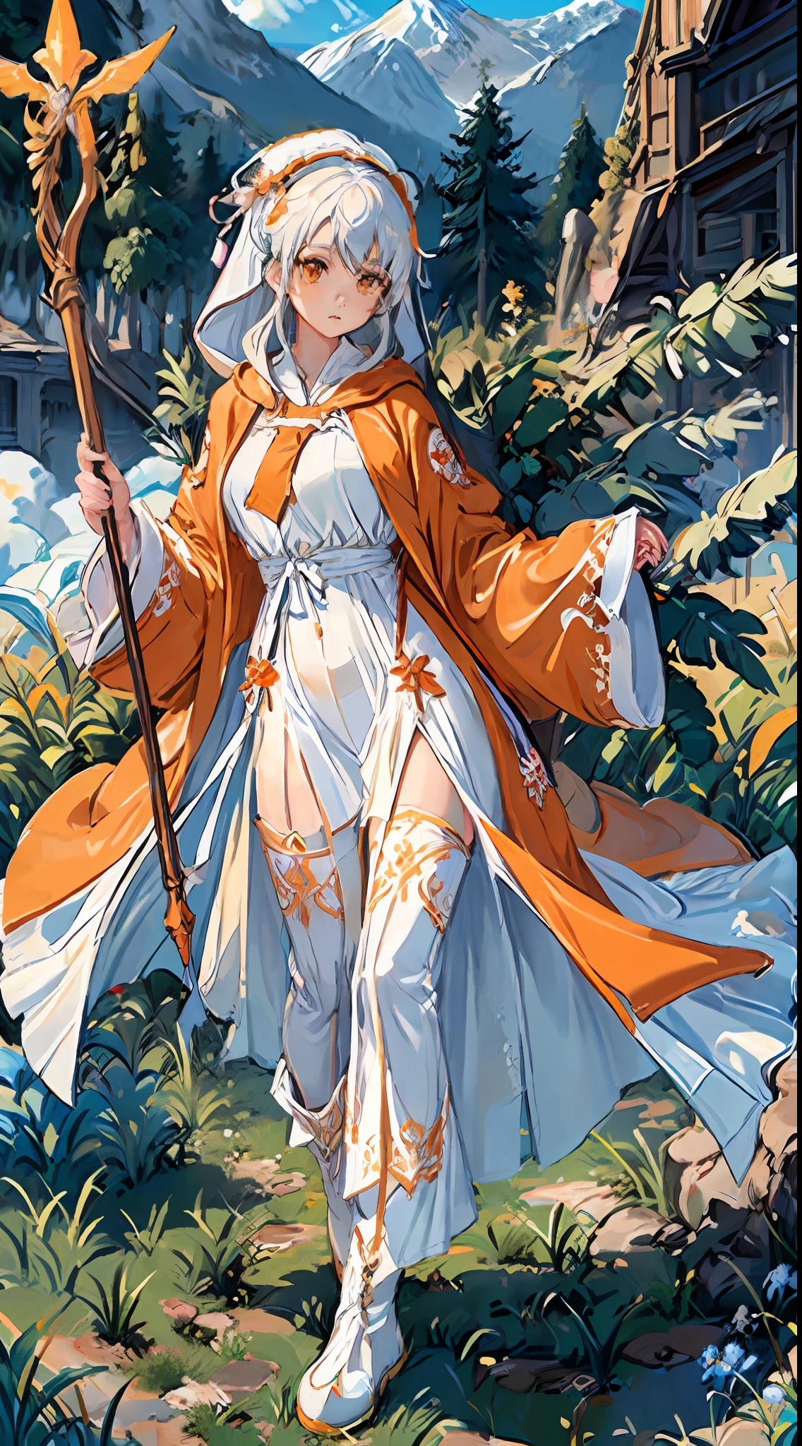 ((((best quality))), (((ultra detailed))), (((masterpiece))), illustration,(1girl:1.5),
1girl, solo, very long hair, looking at viewer, hair_between_eyes,white hair, orange eyes, shoulder armor, bangs, big breasts, floating_hair, upper_body,shiny,masterpiece, best quality,
(holding staff:1.5), shining mage staff, halo, white dress,white legwear,belly button ,wearing a hood,(orange hooded jacket:1.2), blue necktie, mountain background,white boots,