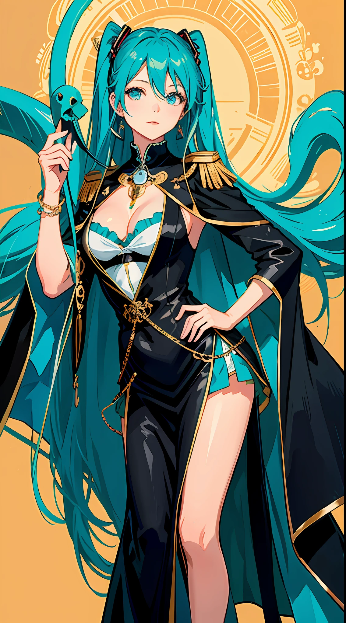 boa,hatsune miku,1girl,long hair,looking at viewer,large breasts,black hair,dress,cleavage,jewelry,standing,earrings,cape,hand on hip,epaulettes,skull,snake,masterpiece,royal background