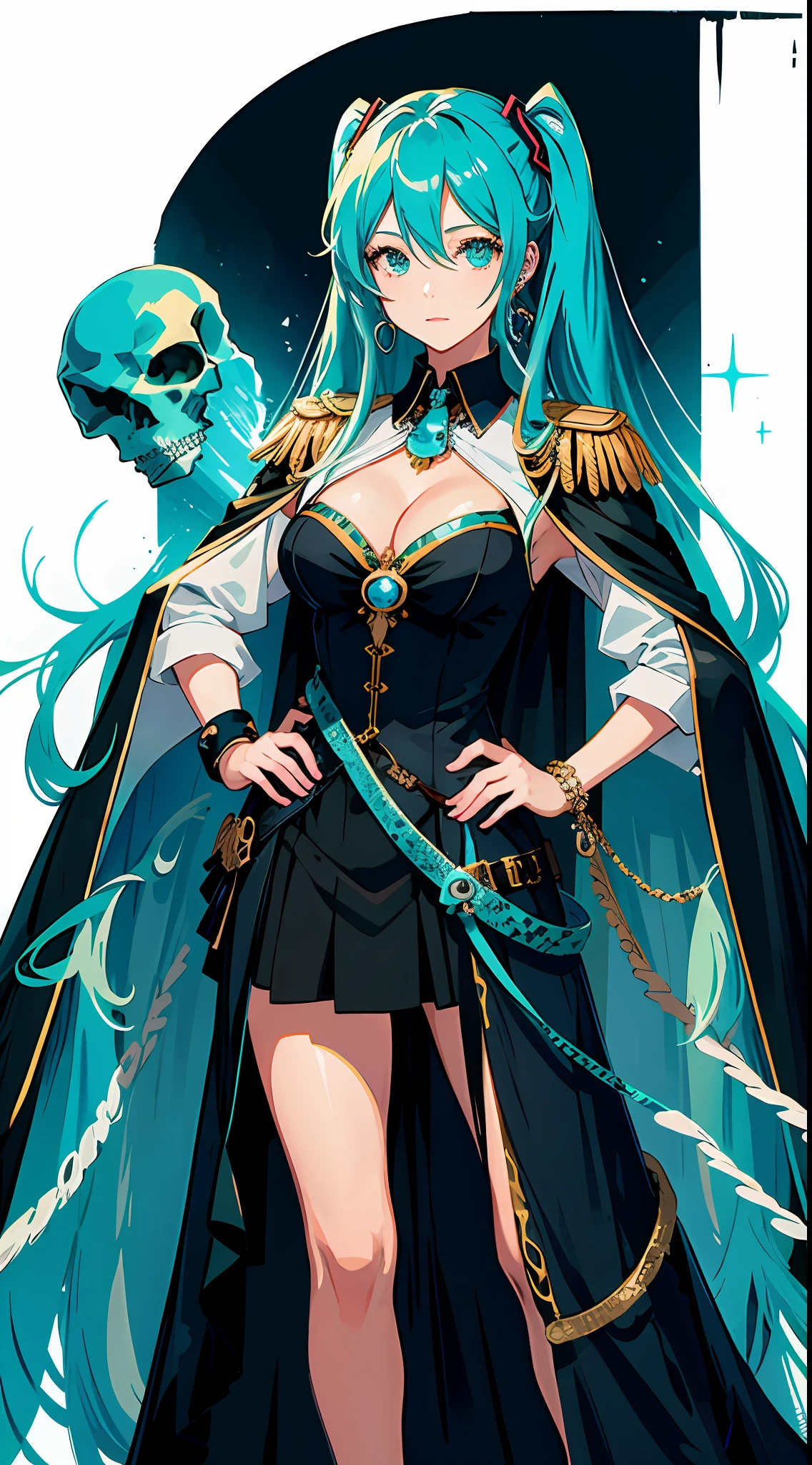 boa,hatsune miku,1girl,long hair,looking at viewer,large breasts,black hair,dress,cleavage,jewelry,standing,earrings,cape,hand on hip,epaulettes,skull,snake,masterpiece,royal background