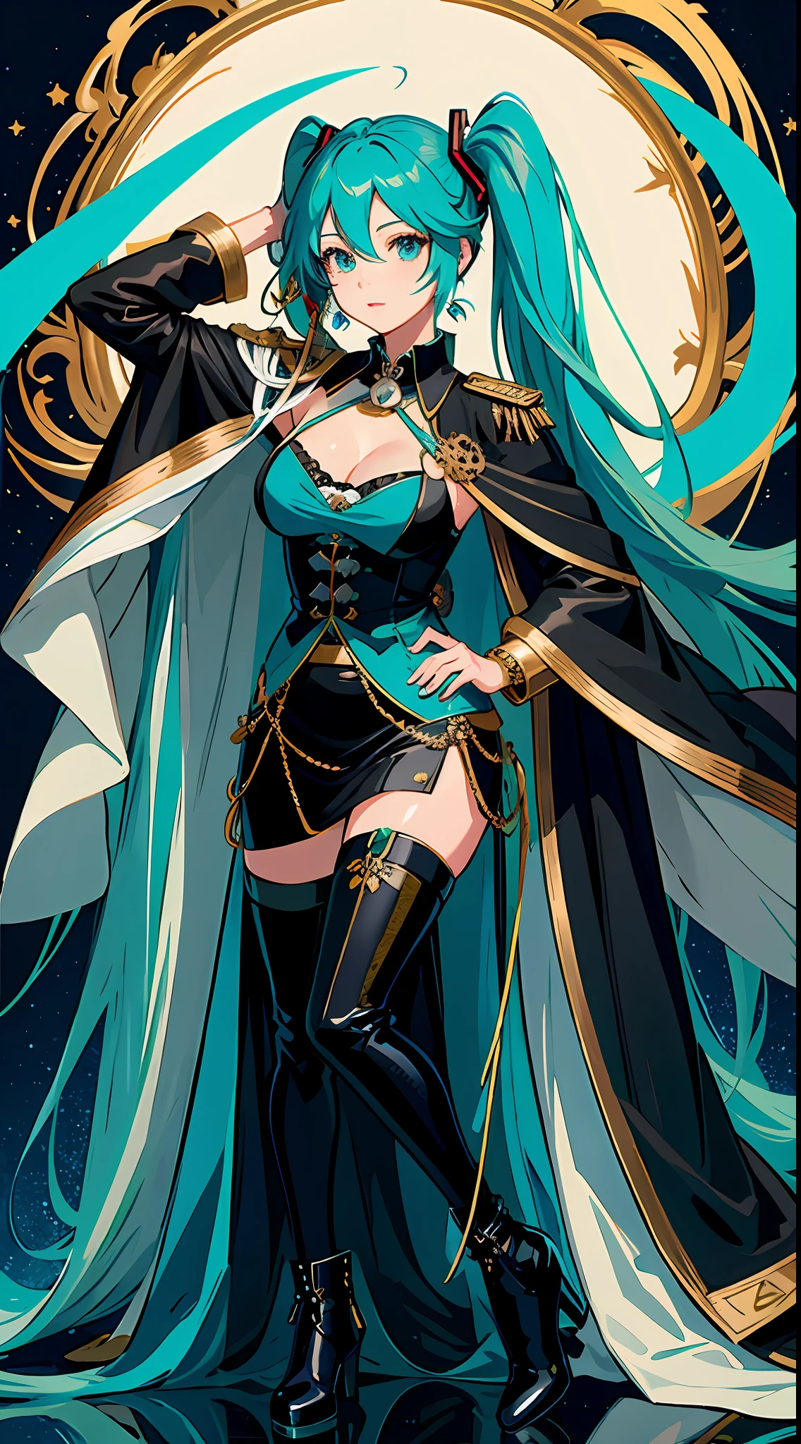 boa,hatsune miku,1girl,long hair,looking at viewer,large breasts,black hair,dress,cleavage,jewelry,standing,earrings,cape,hand on hip,epaulettes,skull,snake,masterpiece,royal background