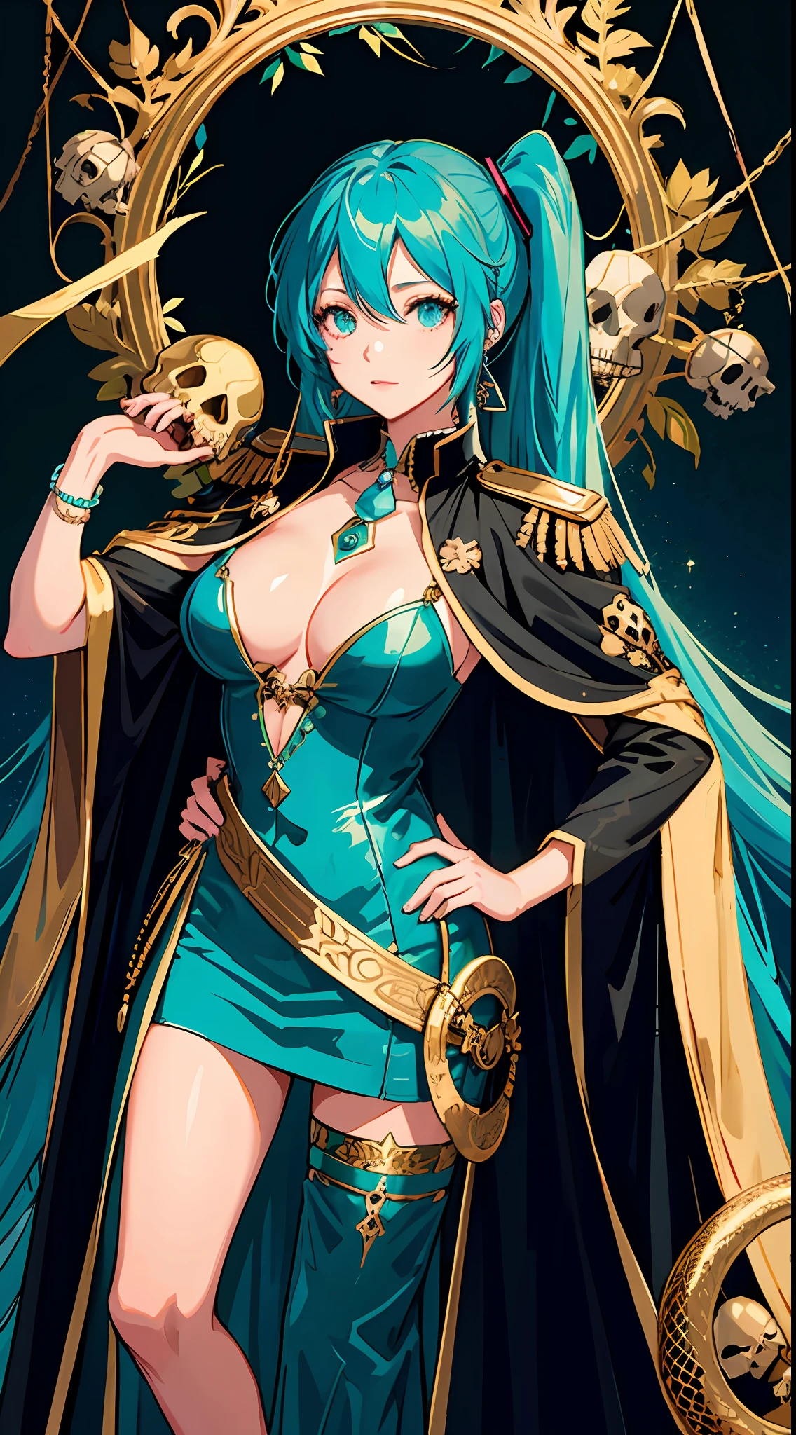 boa,hatsune miku,1girl,long hair,looking at viewer,large breasts,black hair,dress,cleavage,jewelry,standing,earrings,cape,hand on hip,epaulettes,skull,snake,masterpiece,royal background