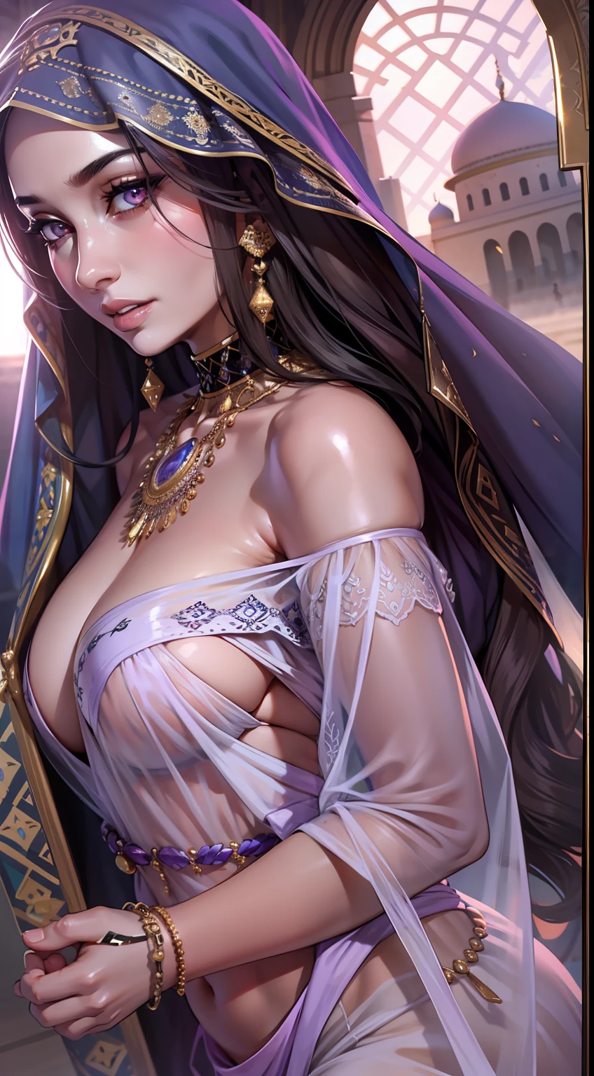 nsfw, (the Middle East, Muslim Woman, Arabic, Hijab, harem outfit, dancer,), 1girl, solo, see-through, (masterpiece:1.4), (RAW photo, best quality:1.4), (high_resolution:1.4), (ultra realistic:1.5), (photorealistic:1.2), (hyper supreme extreme quality beautiful women:1.2), (supreme hyper extreme realistic skin texture:1.2), (cinematic lighting, cinematic shadow, realistic lighting, realistic shadow:1.2), smart sharpe, hard focus, highres, uhd, detailed hands, detailed legs, (mature female:0.5), (glossy_skin:1.2), (pale_skin), medium breasts, thin waist, wide_hips, long_wavy_hair, (ulzzang-6500-v1.1:0.7), (erotic smile:0.7), (mosque|palace), look_at_viewer,(open_mouse:0.4), (closed_eyes:0.3), (violet clothes), veil, necklace, cloak