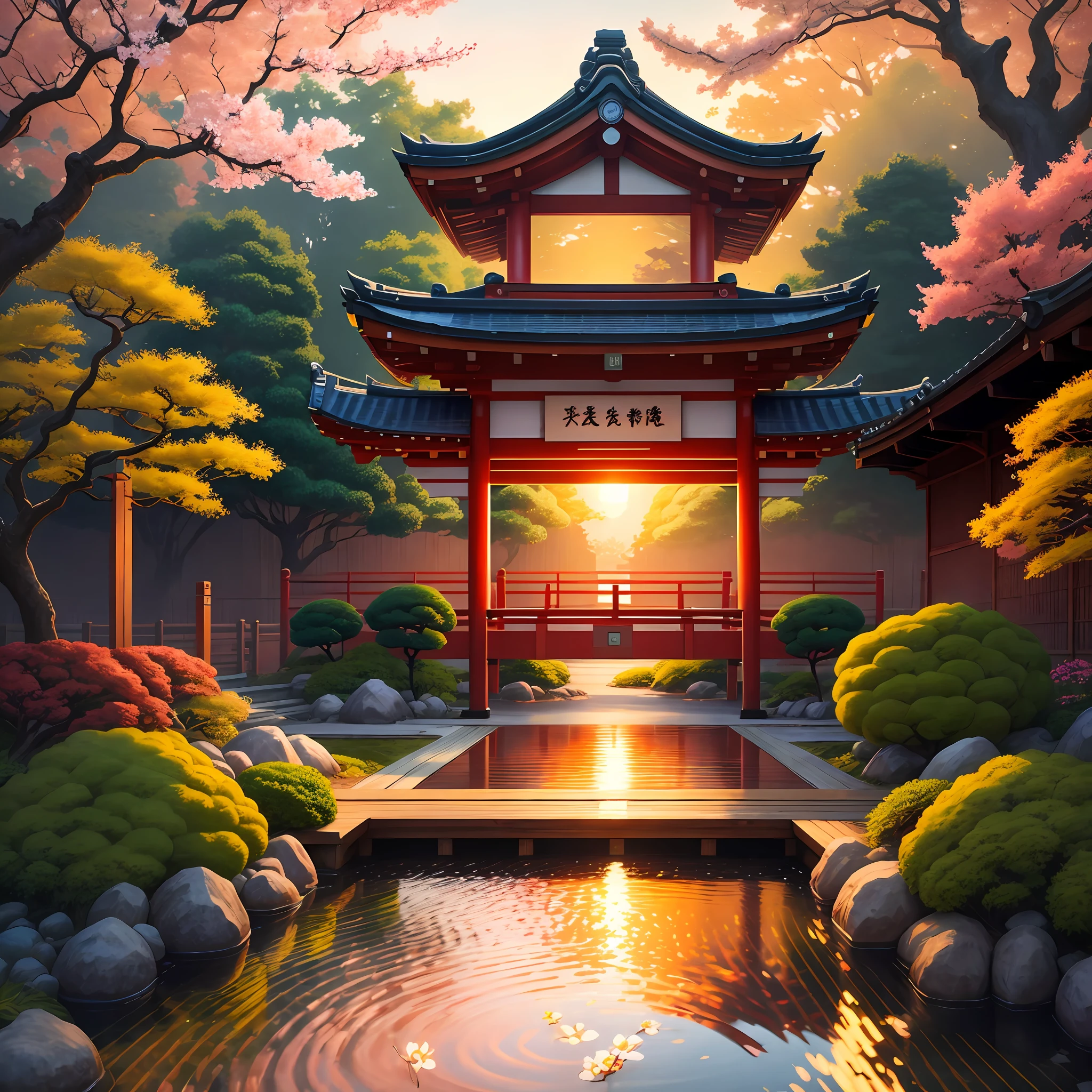 (digital painting),(best quality), serene Japanese garden, cherry blossoms in full bloom, koi pond, footbridge, pagoda, Ukiyo-e art style, Hokusai inspiration, Deviant Art popular, 8k ultra-realistic, pastel color scheme, soft lighting, golden hour, tranquil atmosphere, landscape orientation