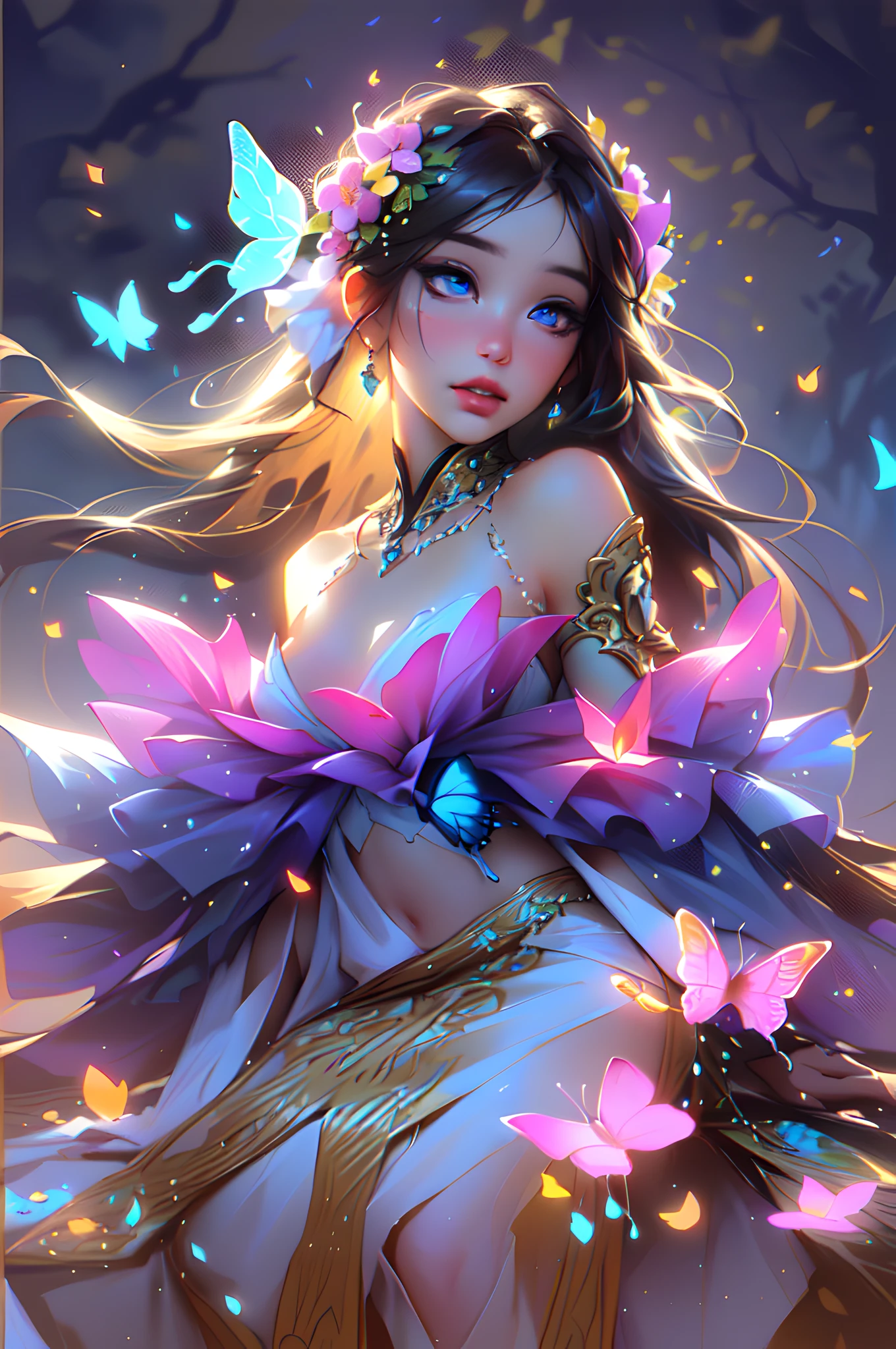 The colors in this image are soft and draw inspiration from gentle watercolors and should be primarily pink. Generate a delicate and tranquil flower princess with soft hair dancing in the wind and intricately braided. Her sweet face has puffy, kissable lips and stunning, highly realistic eyes. She has beautiful eyes, hires eyes, 8k eyes, beautiful detail eyes, beautiful detailed eyes, realistically shaded eyes, and realistic eyes in vibrant colors. She is wearing delicately detailed fabric of gossamer silk and satin. Small pink gemstones and cream pearls detail her clothing. She sits in the midst of the most beautiful meadow in the world and is surrounded by beautiful flowers of varying sizes and colors. The background is wild and unruly, with delicate flowers dancing in the wind and creating a dynamic and compelling image. An ornately flowered headdress adorns her head and soft petals fall around her. The flowers are realistic and very detailed and come in different shapes and sizes, some with iridescence and others with varying shades of pink and blue. Include a soft watercolor sky. The background is wild, with delicate flowers dancing in the wind and colorful pollen filling the air. Include realistic hair and skin texture. Include fantasy details, enhanced details, iridescence, colorful glittering wind, and pollen. Pay special attention to her face and make sure it is beautifully and realistically detailed. The image should be dreamy and ethereal. Include intricate fantasy details. 8k, intricate, elegant, highly detailed, majestic, digital photography, art by artgerm and ruan jia and greg rutkowski surreal painting pearl butterfly filigree, flower petals, (masterpiece, finely detailed beautiful eyes: 1.2), hdr, realistic skin texture, ((ornate)), ((intricate)), ((fantasy00d:1.2)), rays of light, (add details), (add more details), (((highly detailed butterflies))), ornate flowers, dew drops, sunlight, rays of sun