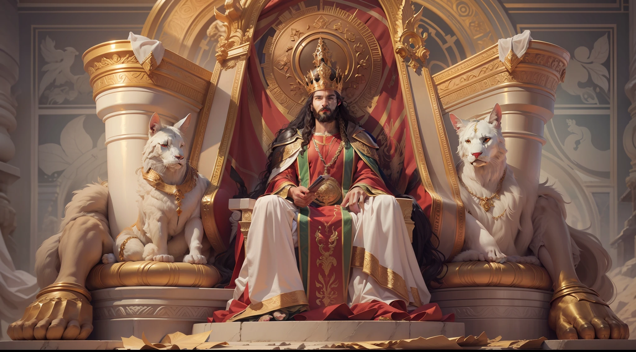 Detailed Writing) (Melhor qualidade) Create the image of the mighty King Solomon sitting on his throne of glory