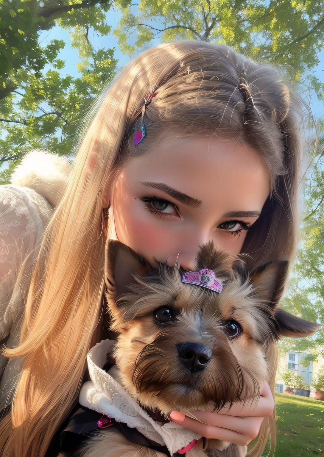 A woman holds a small dog in her arms, About a dog with a head lock, The girl has a hairpin, The same stiletto heels for a girl will add, by Emma Andijewska, by Anna Haifisch, aleksandra waliszewska, Hold your Yorkshire Terrier in your arms, eva elfie, Angelina Stroganova, with dogs, dasha taran, by Zofia Stryjenska, anna nikonova, Eva Frankmore, Selfie dog