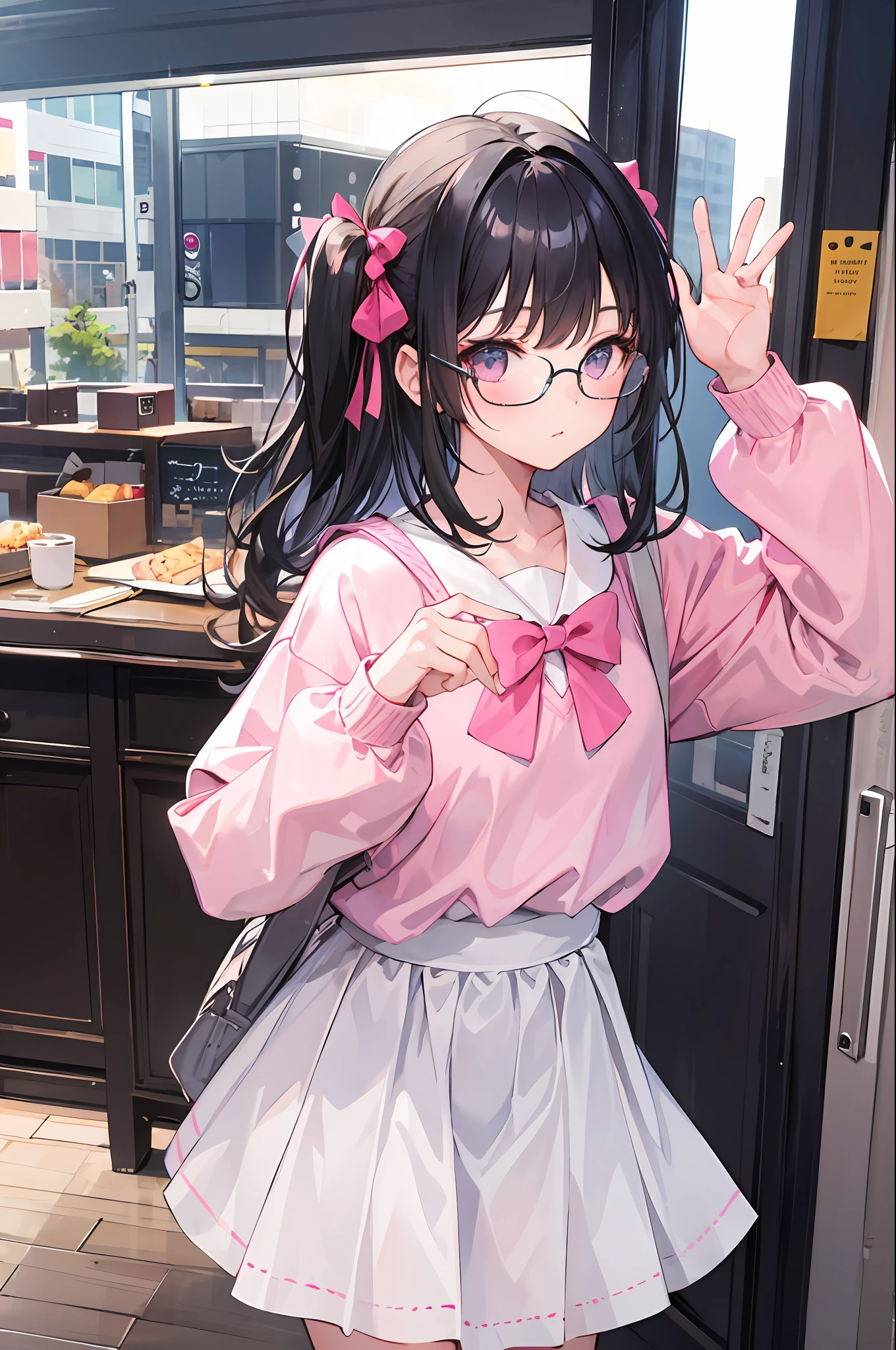 1girl, Black Hair , Put on a pair of glasses. , Bow mount , Pink rabbit sweater dress , White skirt