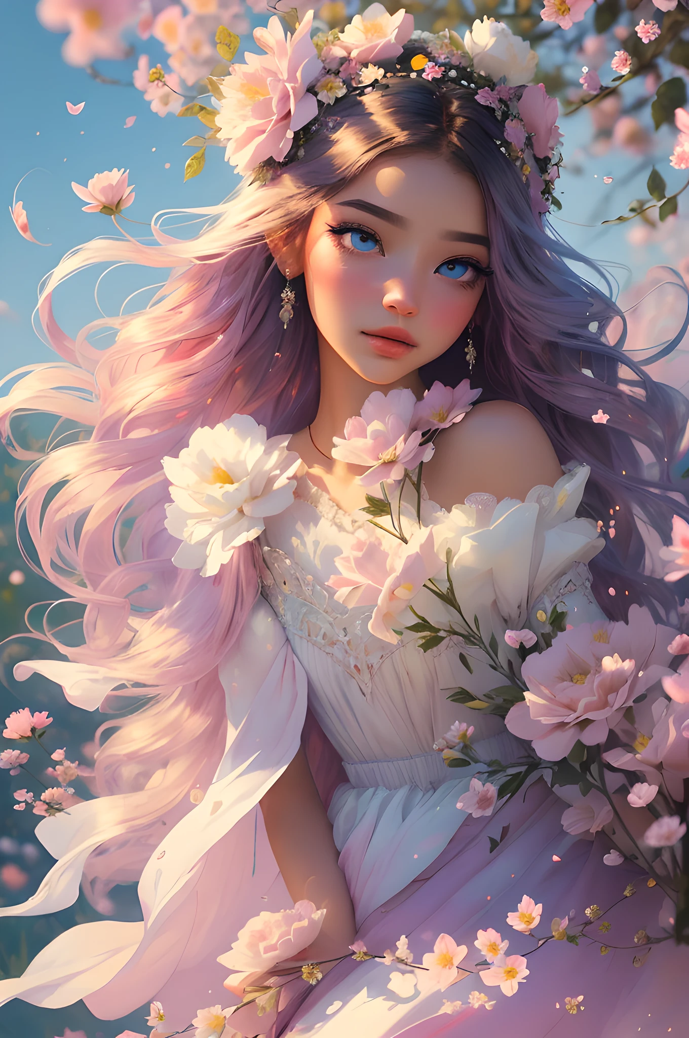 The colors in this image are soft and draw inspiration from gentle watercolors and should be primarily pink. Generate a delicate and tranquil flower princess with soft hair dancing in the wind and intricately braided. Her sweet face has puffy, kissable lips and stunning, highly realistic eyes. She has beautiful eyes, hires eyes, 8k eyes, beautiful detail eyes, beautiful detailed eyes, realistically shaded eyes, and realistic eyes in vibrant colors. She is wearing delicately detailed fabric of gossamer silk and satin. Small pink gemstones and cream pearls detail her clothing. She sits in the midst of the most beautiful meadow in the world and is surrounded by beautiful flowers of varying sizes and colors. The background is wild and unruly, with delicate flowers dancing in the wind and creating a dynamic and compelling image. An ornately flowered headdress adorns her head and soft petals fall around her. The flowers are realistic and very detailed and come in different shapes and sizes, some with iridescence and others with varying shades of pink and blue. Include a soft watercolor sky. The background is wild, with delicate flowers dancing in the wind and colorful pollen filling the air. Include realistic hair and skin texture. Include fantasy details, enhanced details, iridescence, colorful glittering wind, and pollen. Pay special attention to her face and make sure it is beautifully and realistically detailed. The image should be dreamy and ethereal. Include intricate fantasy details. 8k, intricate, elegant, highly detailed, majestic, digital photography, art by artgerm and ruan jia and greg rutkowski surreal painting pearl butterfly filigree, flower petals, (masterpiece, finely detailed beautiful eyes: 1.2), hdr, realistic skin texture, ((ornate)), ((intricate)), ((fantasy00d:1.2)), rays of light, (add details), (add more details), highly detailed, ornate flowers, dew drops, sunlight, rays of sun