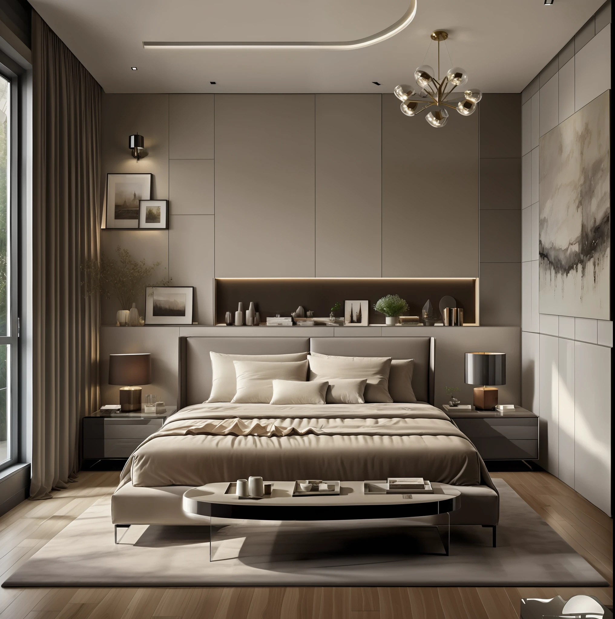 ((Best quality, 8k, Masterpiece :1.3)), bedrooom design,  glossy minimalist motif furniture, sofa , plaster ceiling , glossy mable floor , ink art, wall panel