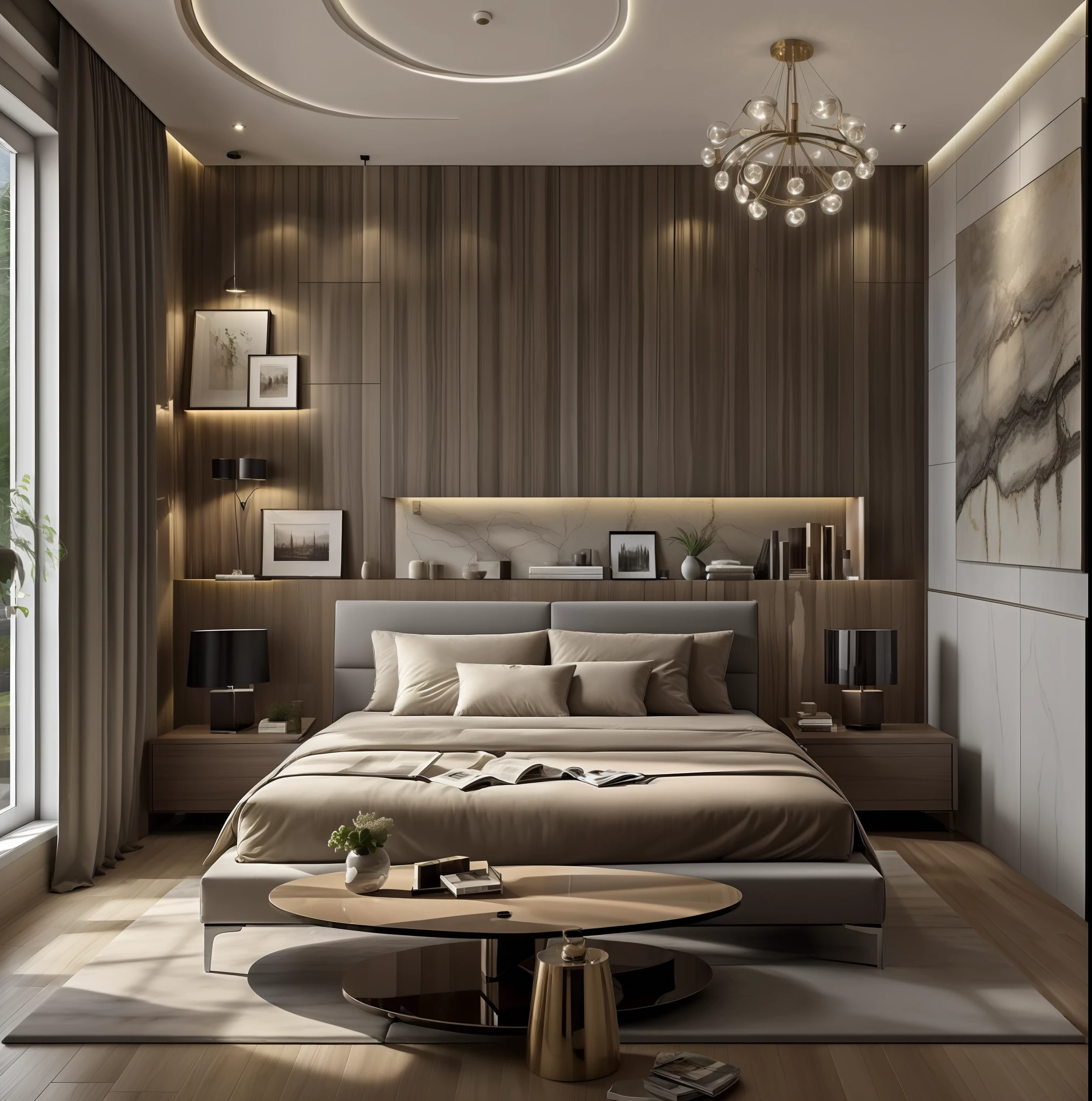 ((Best quality, 8k, Masterpiece :1.3)), bedrooom design,  glossy minimalist motif furniture, sofa , plaster ceiling , glossy mable floor , ink art, wall panel