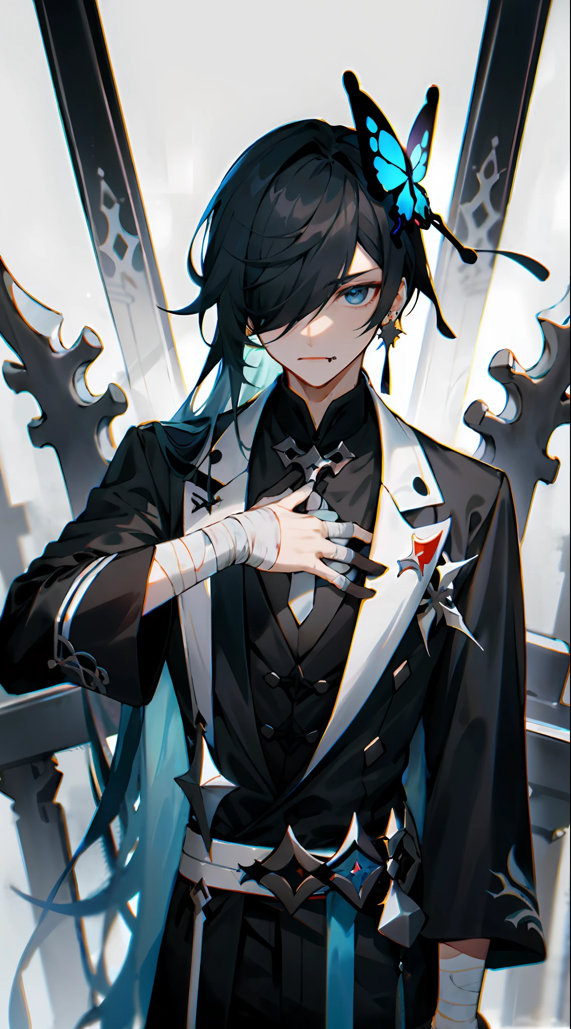 honkai: star rail, blade (honkai: star rail) sitting on a throne of bones in a dominant position, (long hair), black hair, 1boy, cruel face, bandaged hand, bandages, black sleeves, blood, chinese clothes, chest sarashi, grey pants, hair over one eye, long hair, long sleeves, male focus, pants, parted bangs, simple background, solo, standing, upper body, hair ornament, butterfly hair ornament,earrings