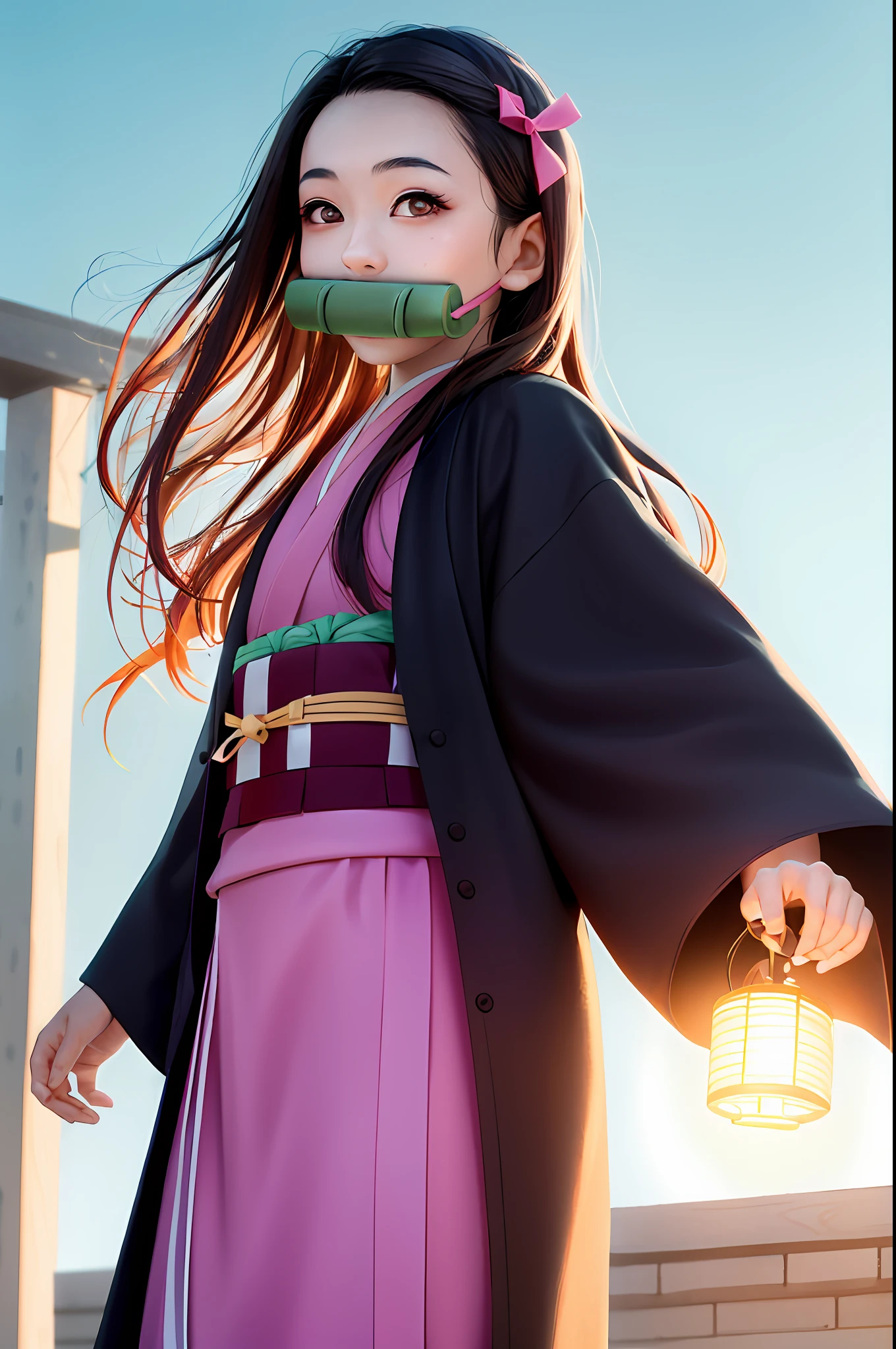 tmasterpiece， （Photorealsitic：1.5）， photorealistic eye， Asian woman， Best quality at best， beautiful illumination， profesional lighting， photon maping， Radio City， physically-based renderingt，
kamado nezuko， 1girll， brunette color hair， forehead， tress ribbon， Japanese clothes， komono， long whitr hair， Open clothing，O cabelo multicolorido， a pink eyes， Pink kimono， pink ribbons， ribbons， Very long hair， A bit gagged， gaggage， Skysky， （（Idade）），
（RAW photogr，8K  UHD，filmgrain）