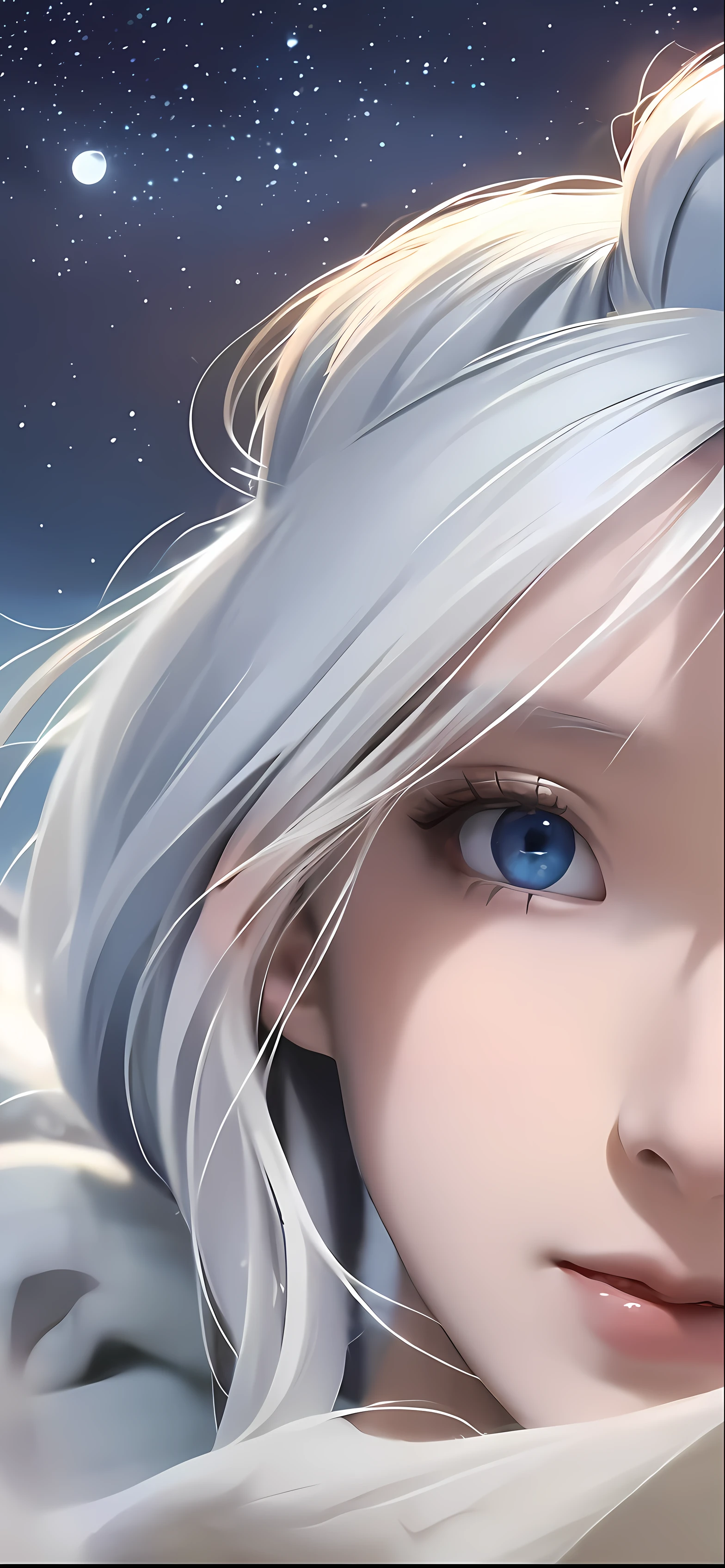 masterpiece,((full body)), (best quality:1.2), (ultra-detailed:1.2), illustration, (an extremely delicate and beautiful:1.2),cinematic angle,floating, (beautiful detailed eyes:1.1), (detailed light:1.1),cinematic lighting, beautifully detailed sky, women, white hair, blue eyes, (high ponytail:1.1), cloak, glowing eyes, (moon:1.2), (moonlight:1.1), starry sky, (lighting particle:1.1), fog, snow painting, sketch, bloom