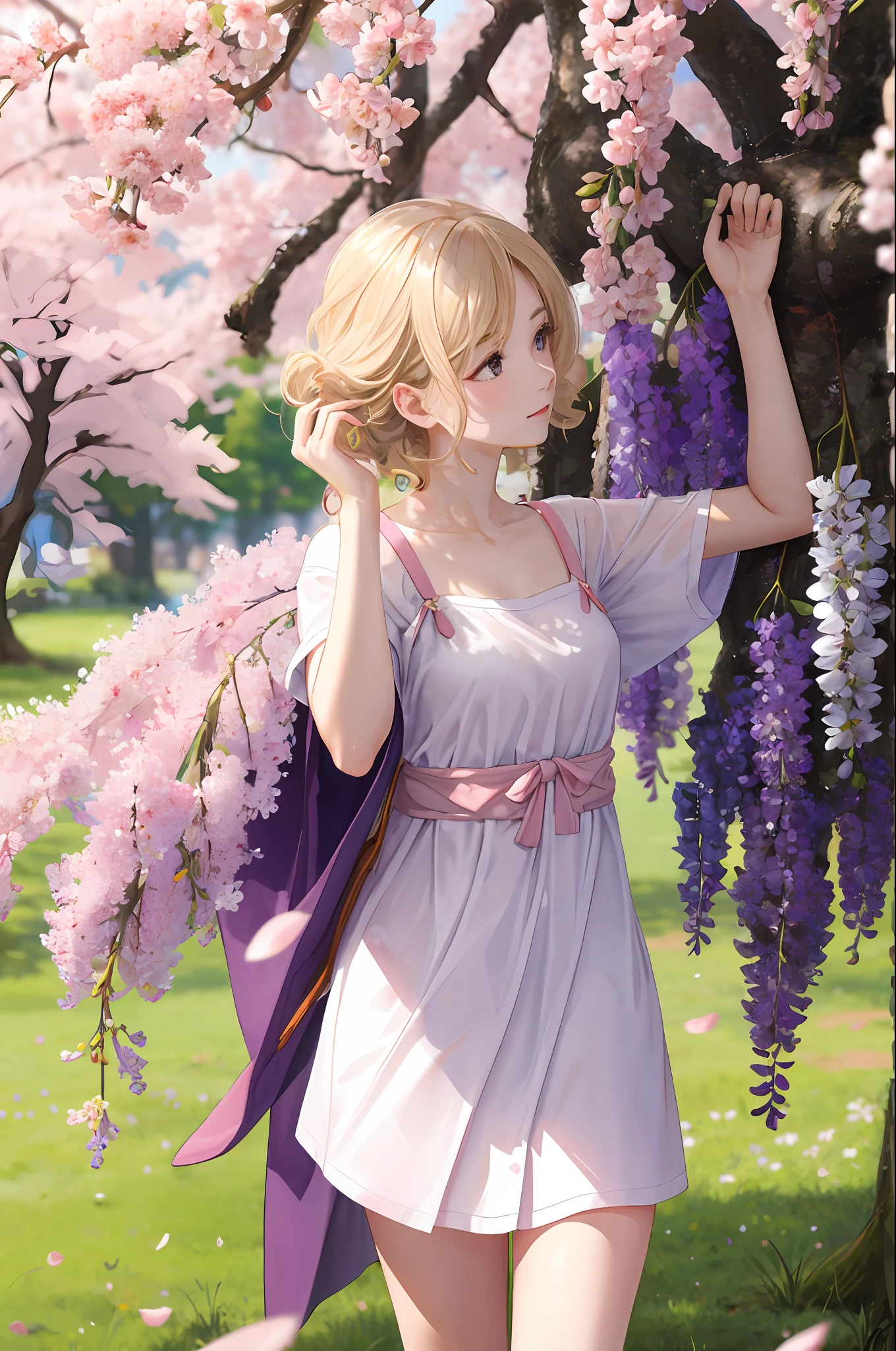 Branch， cherry_blossoms， depth_of_field， hanami， pink_flower， spring_\（seasons\）， motion_blur， wisteria， The tree， photo_\（Curly\）， petals， florals， plum_blossoms， 1girll， 独奏， Realistis， exteriors， falling_petals， tmasterpiece， Best quality at best，Pet dogs