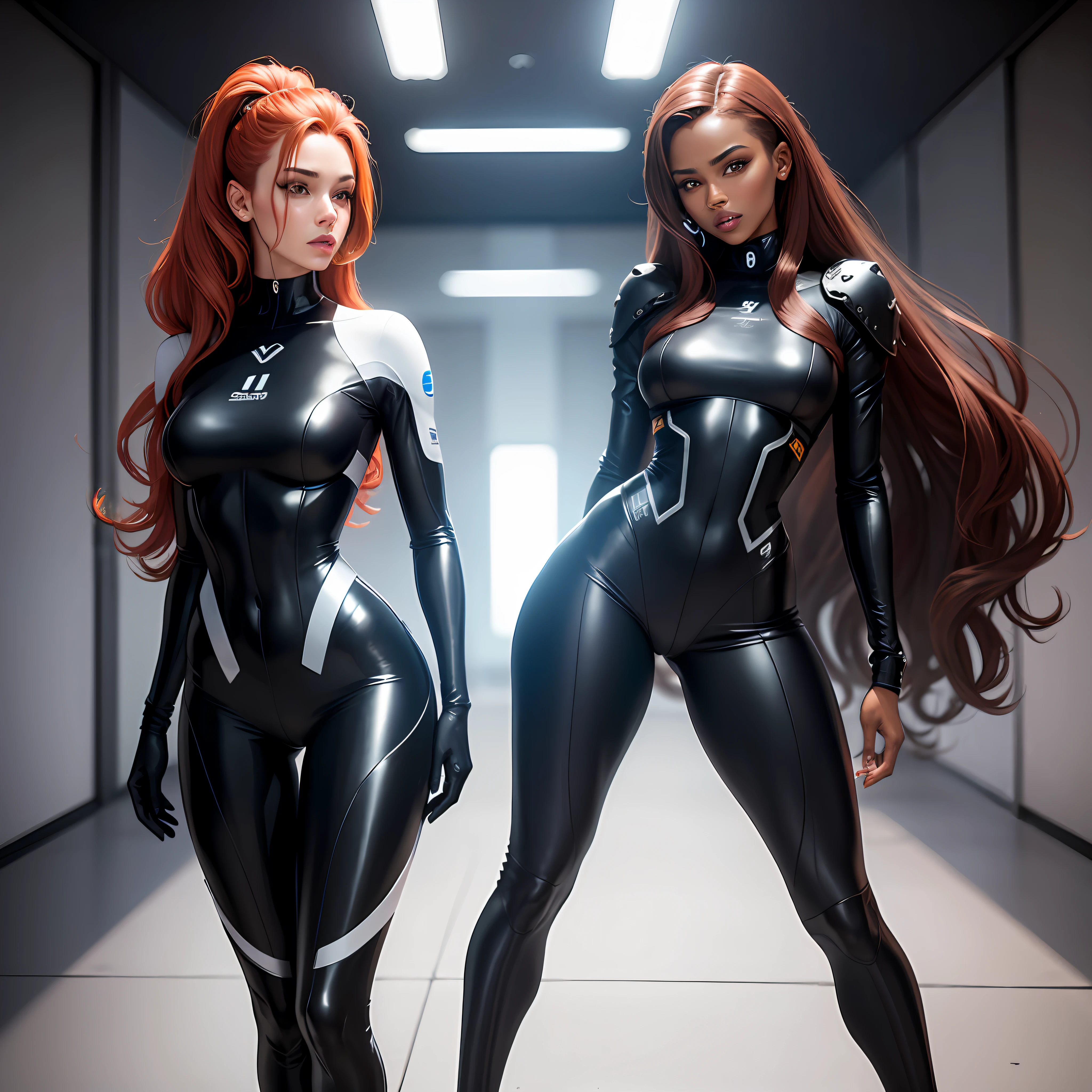 Duas mulheres, uma negra de costas, mostrando a bunda grande, outra mulher ruiva, gostosa, corpo inteiro, in a minimalist and futuristic suit of elastic fabric, leds cor-de-rosa, full body, sensual, posando para uma foto, fotografia realista, Futuristic science fiction costume, modelo negra de moda futurista, modelo ruiva de moda futurista mulher scifi negra, Traje minimalista e decotado, duas mulheres futuristas da moda, mulher negra bonita, mulher ruiva bonita, usando roupas futuristas, mulher bonita, Roupas Futuristas, sci-fi feminino --auto