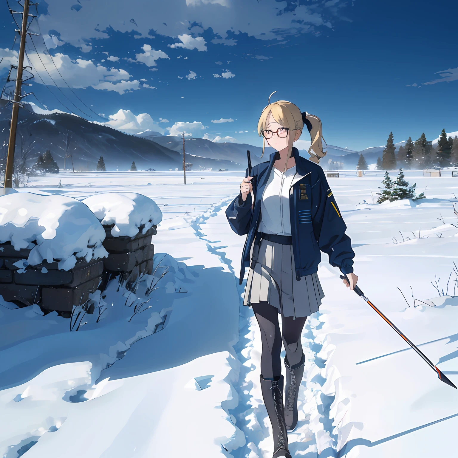 ((Blonde side ponytail+Slanted glasses+Slim+White headband+White shirt+Black tactical chest hanging+Shoulder length antenna walkie-talkie+Navy Blue Storm jacket+Navy blue pen holder skirt+Combat boots+Black hip tights+Saber at the waist:1.2)|eye glass)(akimbo+Raise an eyebrow)(On the peaks+Heavy snow+Mountain background) (quadratic element|Two-dimensional style)，sabre。