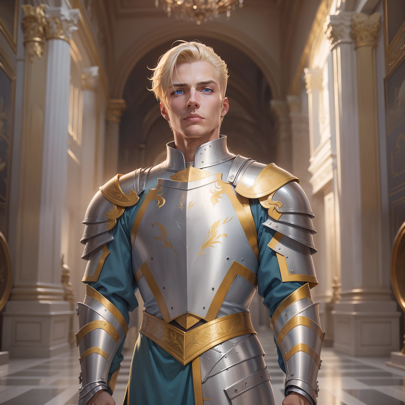 realistic image of a blond man with short hair, tall, strong, blue eyes, with a straight scar below the left eye, concentrated expression, dressed in a suit of silver armor and golden shoulder pads, standing in a wide hall of a palace