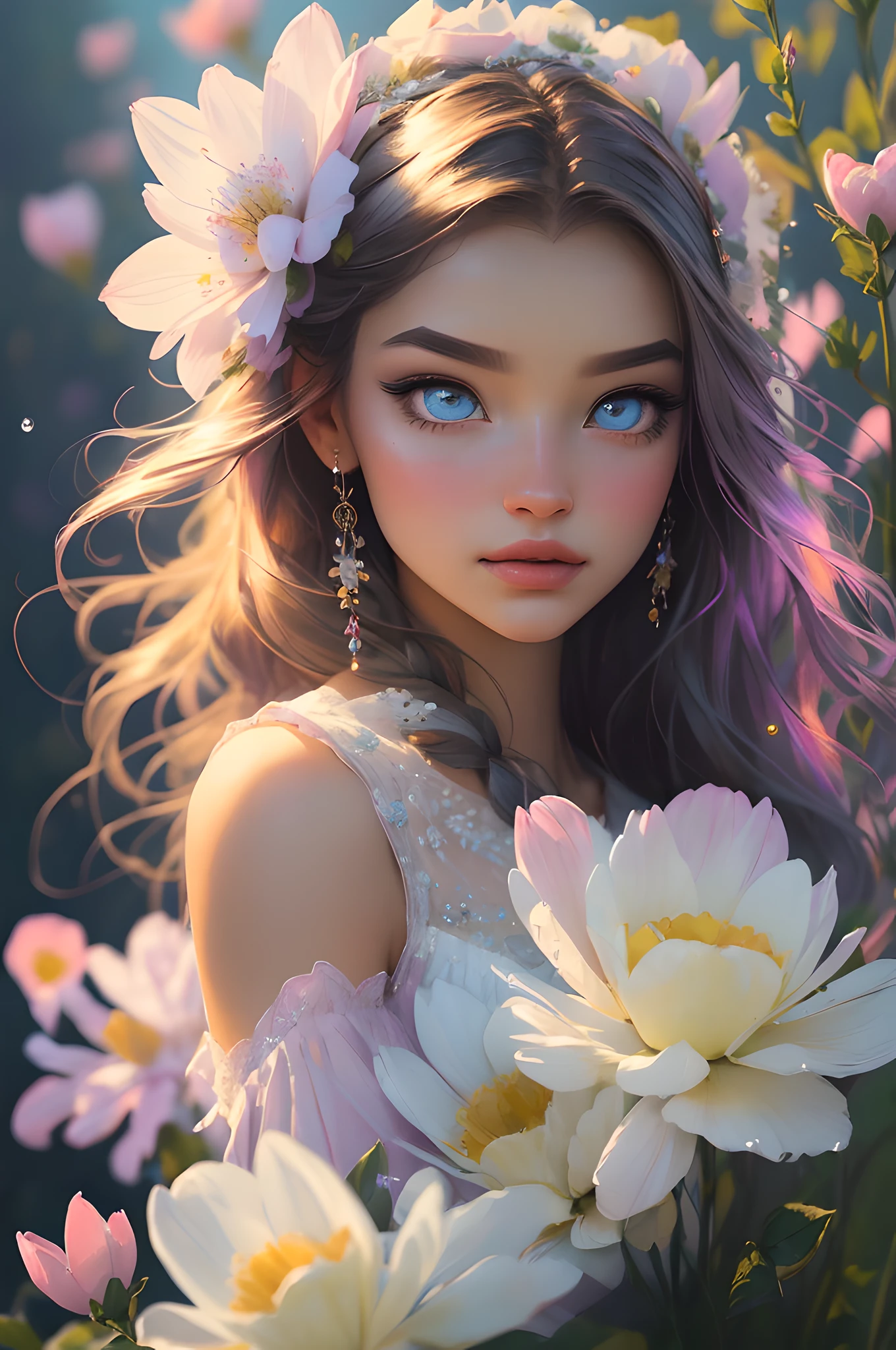 The colors in this image are soft and draw inspiration from gentle watercolors and should be primarily pink. Generate a delicate and tranquil flower princess with soft hair dancing in the wind and intricately braided. Her sweet face has puffy, kissable lips and stunning, highly realistic eyes. She has beautiful eyes, hires eyes, 8k eyes, beautiful detail eyes, beautiful detailed eyes, realistically shaded eyes, and realistic eyes in vibrant colors. She is wearing delicately detailed fabric of gossamer silk and satin. Small pink gemstones and cream pearls detail her clothing. She sits in the midst of the most beautiful meadow in the world and is surrounded by beautiful flowers of varying sizes and colors. The background is wild and unruly, with delicate flowers dancing in the wind and creating a dynamic and compelling image. An ornately flowered headdress adorns her head and soft petals fall around her. The flowers are realistic and very detailed and come in different shapes and sizes, some with iridescence and others with varying shades of pink and blue. Include a soft watercolor sky. The background is wild, with delicate flowers dancing in the wind and colorful pollen filling the air. Include realistic hair and skin texture. Include fantasy details, enhanced details, iridescence, colorful glittering wind, and pollen. Pay special attention to her face and make sure it is beautifully and realistically detailed. The image should be dreamy and ethereal. Include intricate fantasy details. 8k, intricate, elegant, highly detailed, majestic, digital photography, art by artgerm and ruan jia and greg rutkowski surreal painting pearl butterfly filigree, flower petals, (masterpiece, finely detailed beautiful eyes: 1.2), hdr, realistic skin texture, ((ornate)), ((intricate)), ((fantasy00d:1.2)), rays of light, (add details), (add more details), highly detailed, ornate flowers, dew drops, sunlight, rays of sun