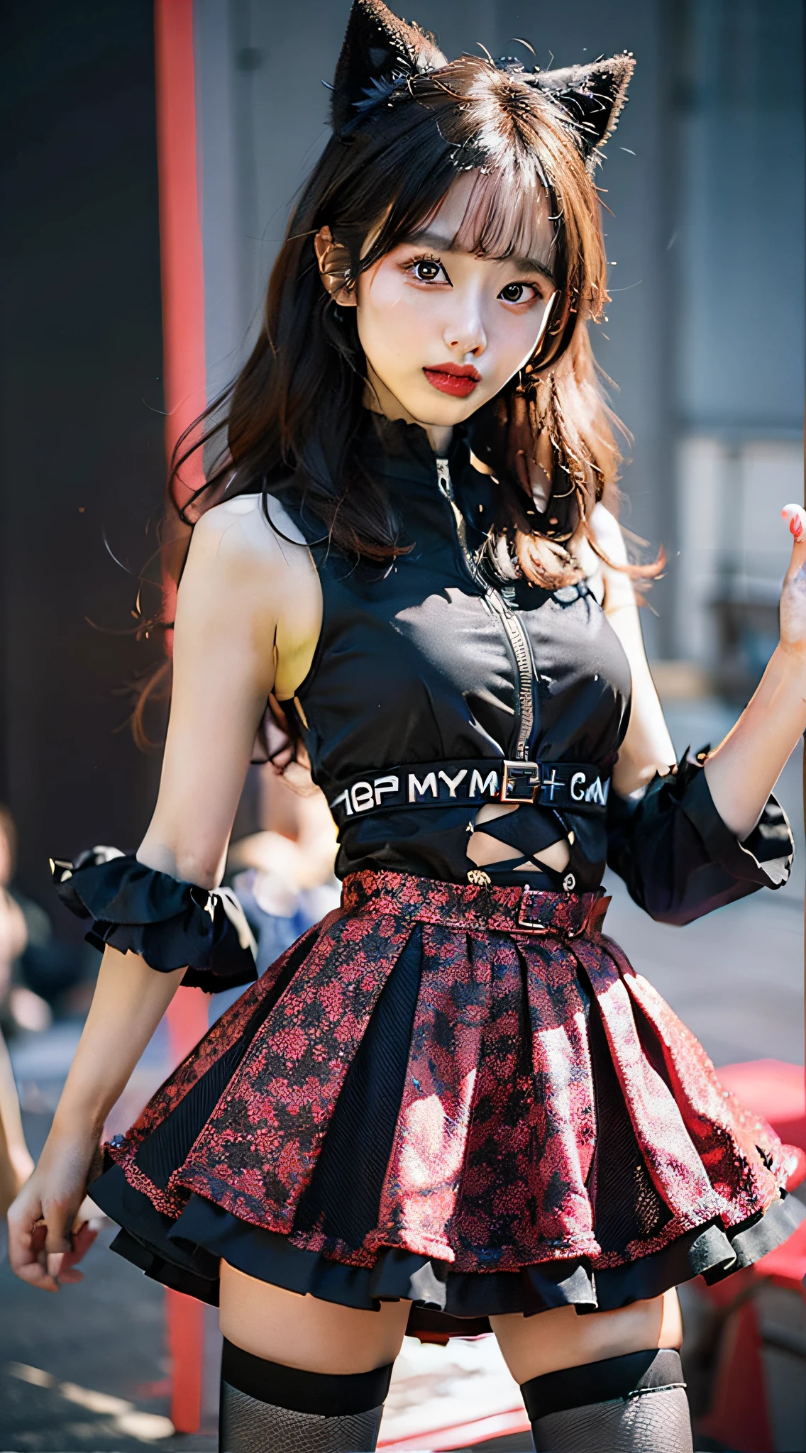 The facial features are correct and symmetrical,((Realiy)),vibrant hair colors,Genki girl,Dress stylishly,Dress up cutting-edge,a skirt,Dynamic,energetic,vigorous,Highest image quality,movie level special effects,8K