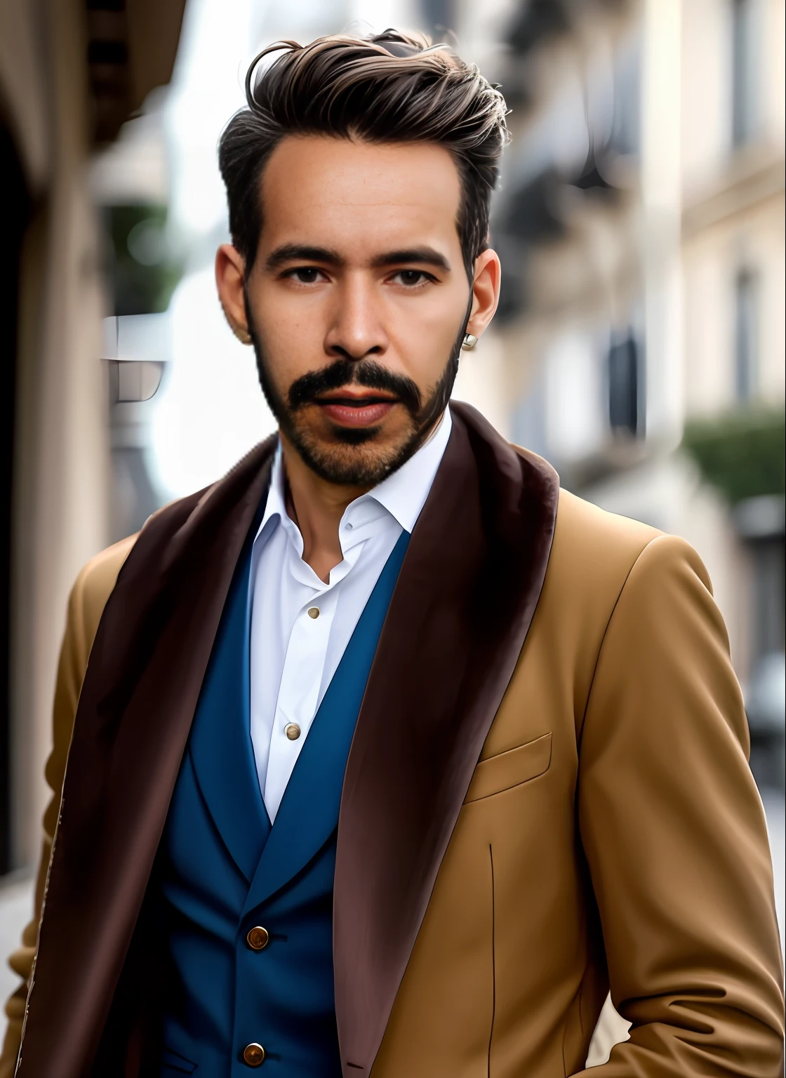 um close up de um homem de terno e gravata posando para uma foto, cabelos curtos grisalhos e barba, retrato de alta qualidade, cabelos curtos e barba prateados, modelo bem cuidado, ele tem cerca de 45 anos, terno luxuoso, apelo masculino alta moda