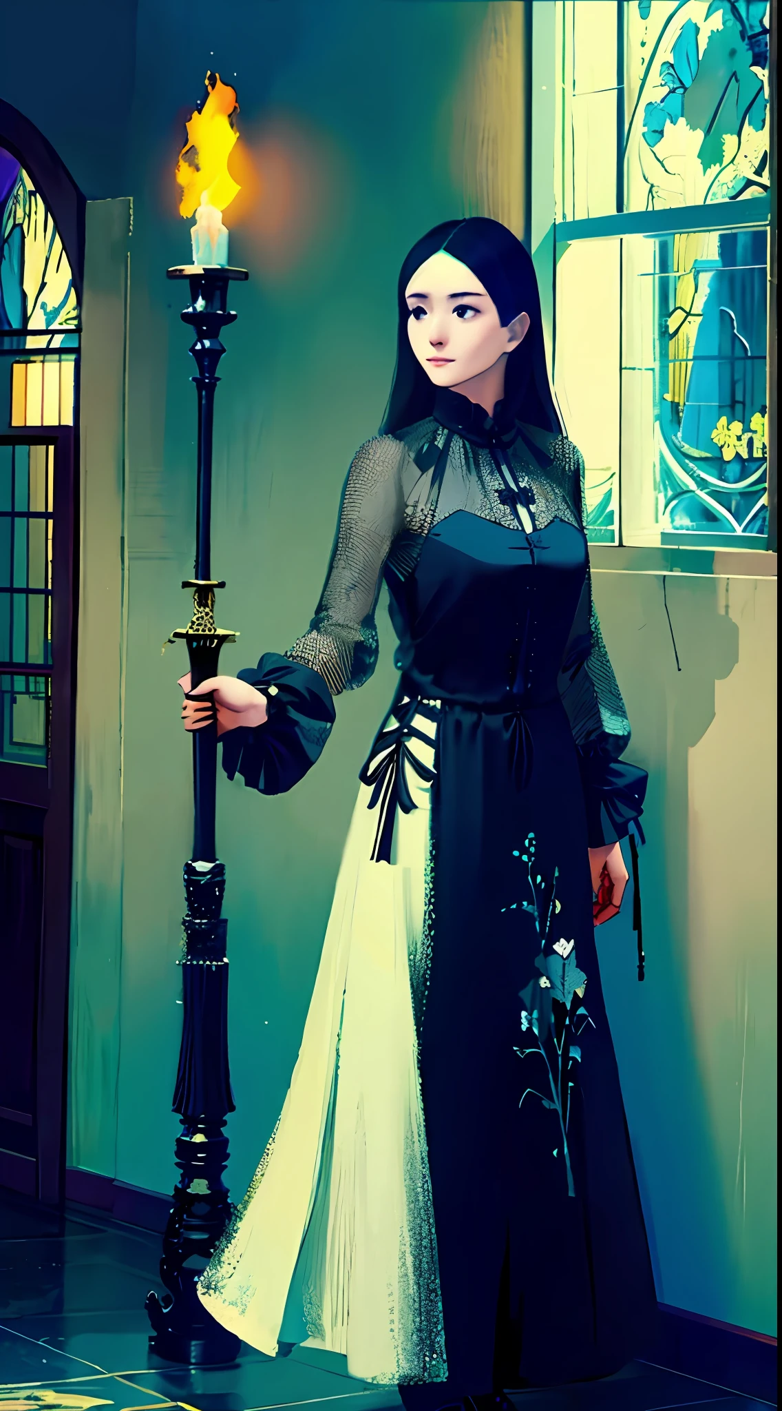 One was wearing a long black dress、The woman with the sword in her hand was walking through a dark room with a large window,Apollinary Vasnetsov,offcial art,figure portrait,gothic art