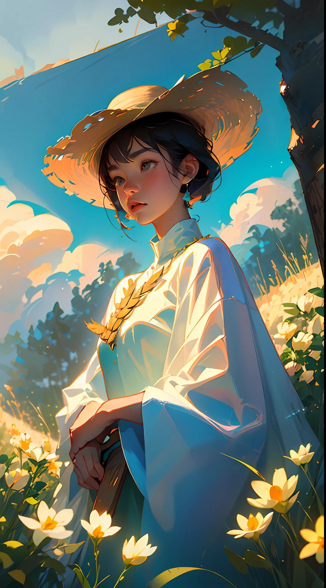 A peasant uncle with a straw hat stands in a wheat field, big clouds, blue sky, rice field, neat rice seedlings in the field, forest, hillside, secluded, countryside, HD detail, hyperdetail, cinematic, surrealism, soft light, deep field focus bokeh, ray tracing and surrealism. --v6