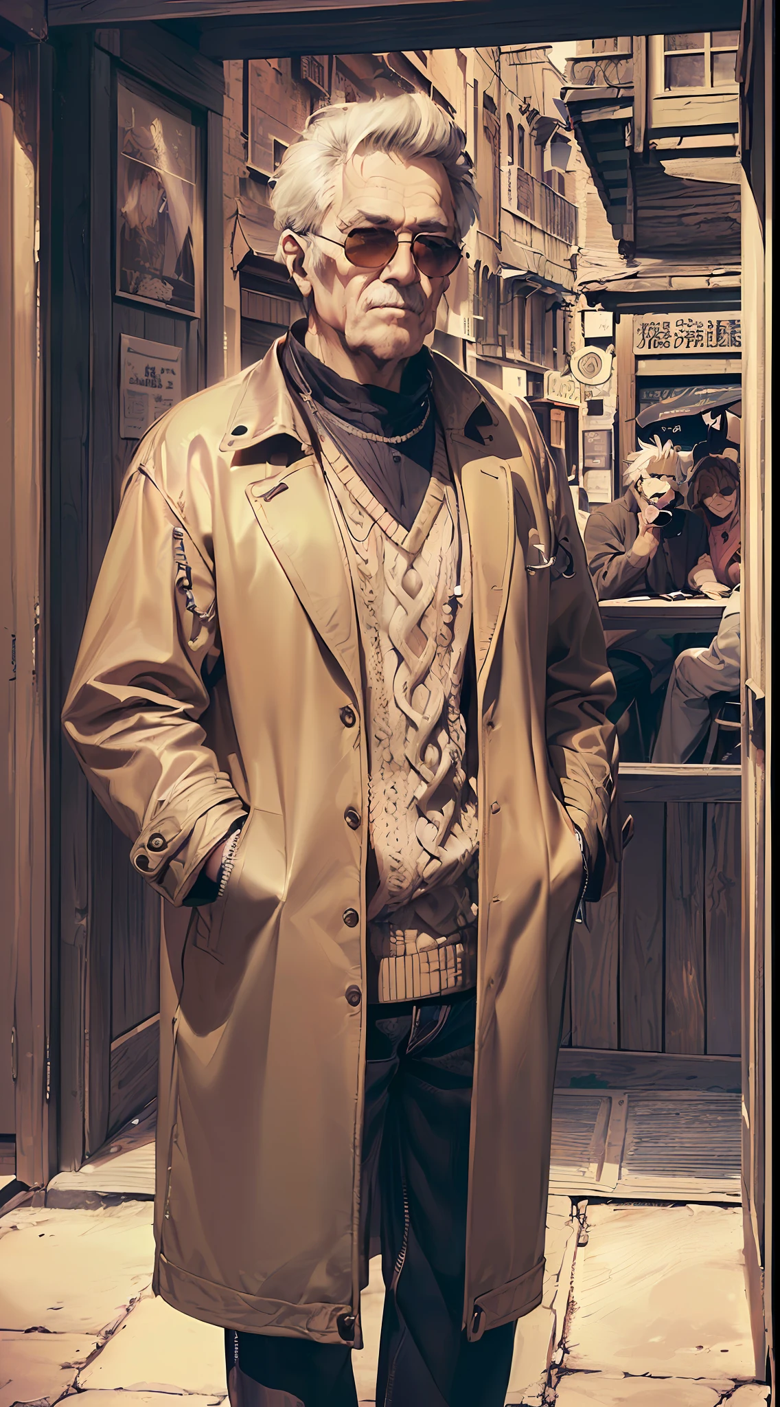 「(8k wallpaper:1.5)、(high-level image quality:1.3)、(animesque, illustratio:1.6)、(male people、独奏、A old man:1.4)、(macho、Sunglasses:1.5)、(Wolfcut:1.4)、(Long jacket、Sweaters:1.5)、(cafes:1.3)、(sepia, gradients:1.5)」