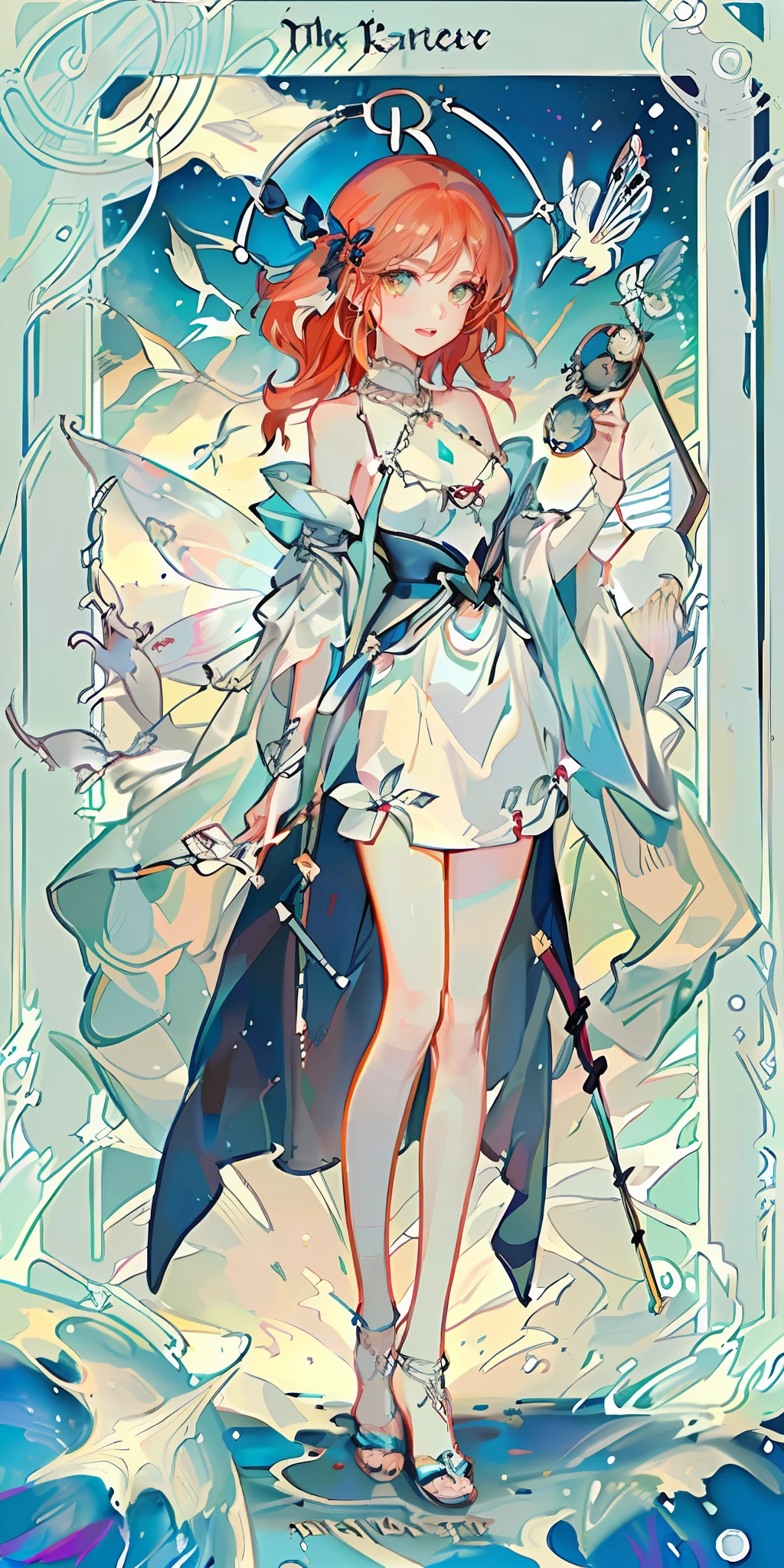 （the golden ratio：1.2），（Rose graffiti：1.2），（Fault color：1.3），[（white backgrounid：1.4）：：10]，（full bodyesbian：1.2），（super-fine：1.3），full bodyesbian，(Long red hair),(butterfly hair ornaments),(Floral hair ornaments:1.0),((sandals,pendant)),(Colorful cocktail dress:1.0)+(Loose-fitting sleeved jacket:1.3)+(Fluttering colorful tassels and ribbons:1.2),(White stockings: 1.2),(Colored ink paper flowers: 1.2),(colorful flower sea: 1.3),(Chaotic geometry: 1.3),(negative space: 0.8),(Drawing board: 1.3),(Ethernet color ink flow: 1.3)
