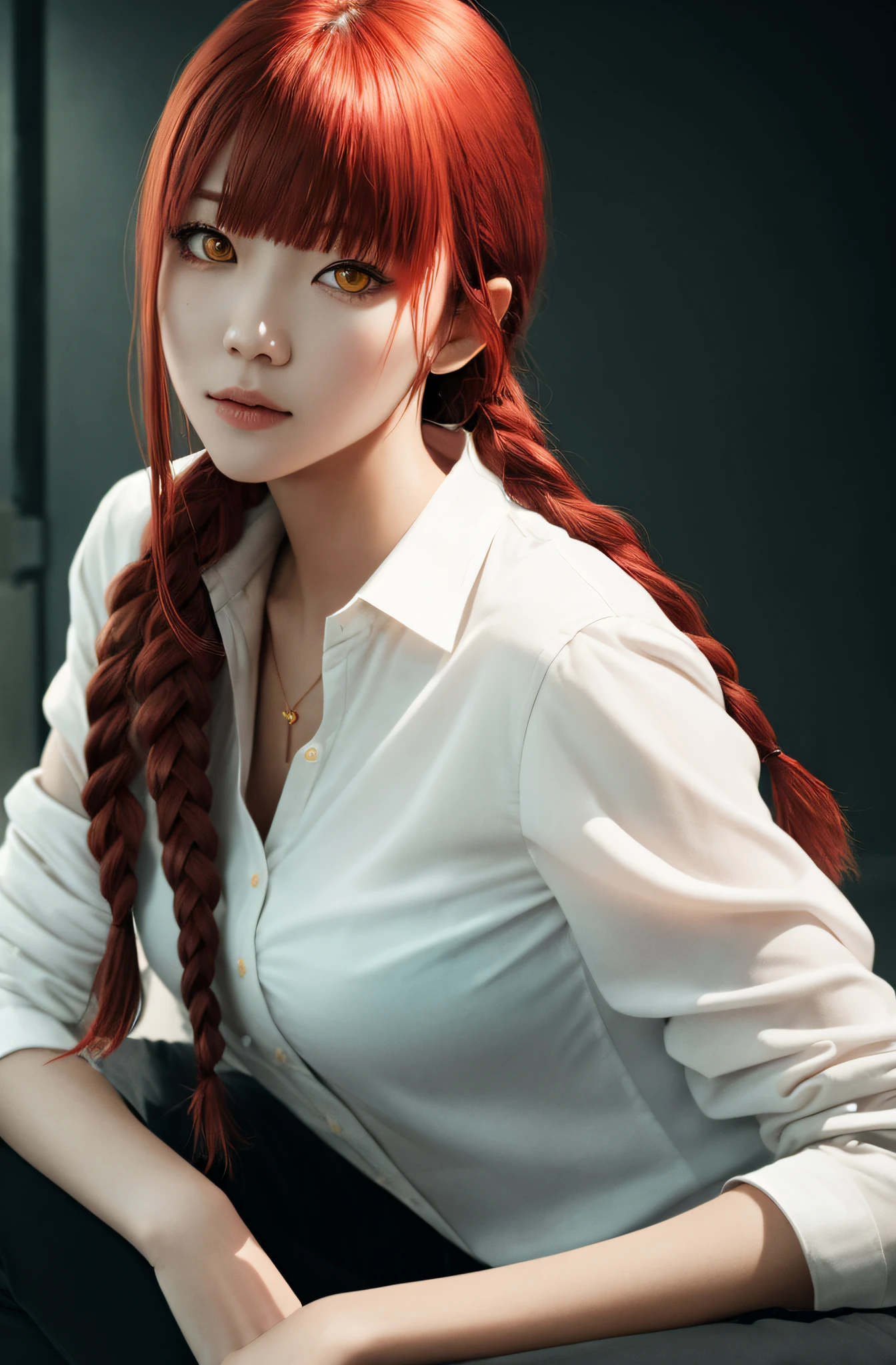 masterpiece, (photorealistic:1.4), best quality, beautiful lighting, (ulzzang-6500:0.5), makima \(chainsaw man\), (red hair)+(long braided hair)+(bangs), yellow eyes, golden eyes, ((ringed eyes)), (white shirt opened), (sexy), RAW photo, 8k uhd, film grain