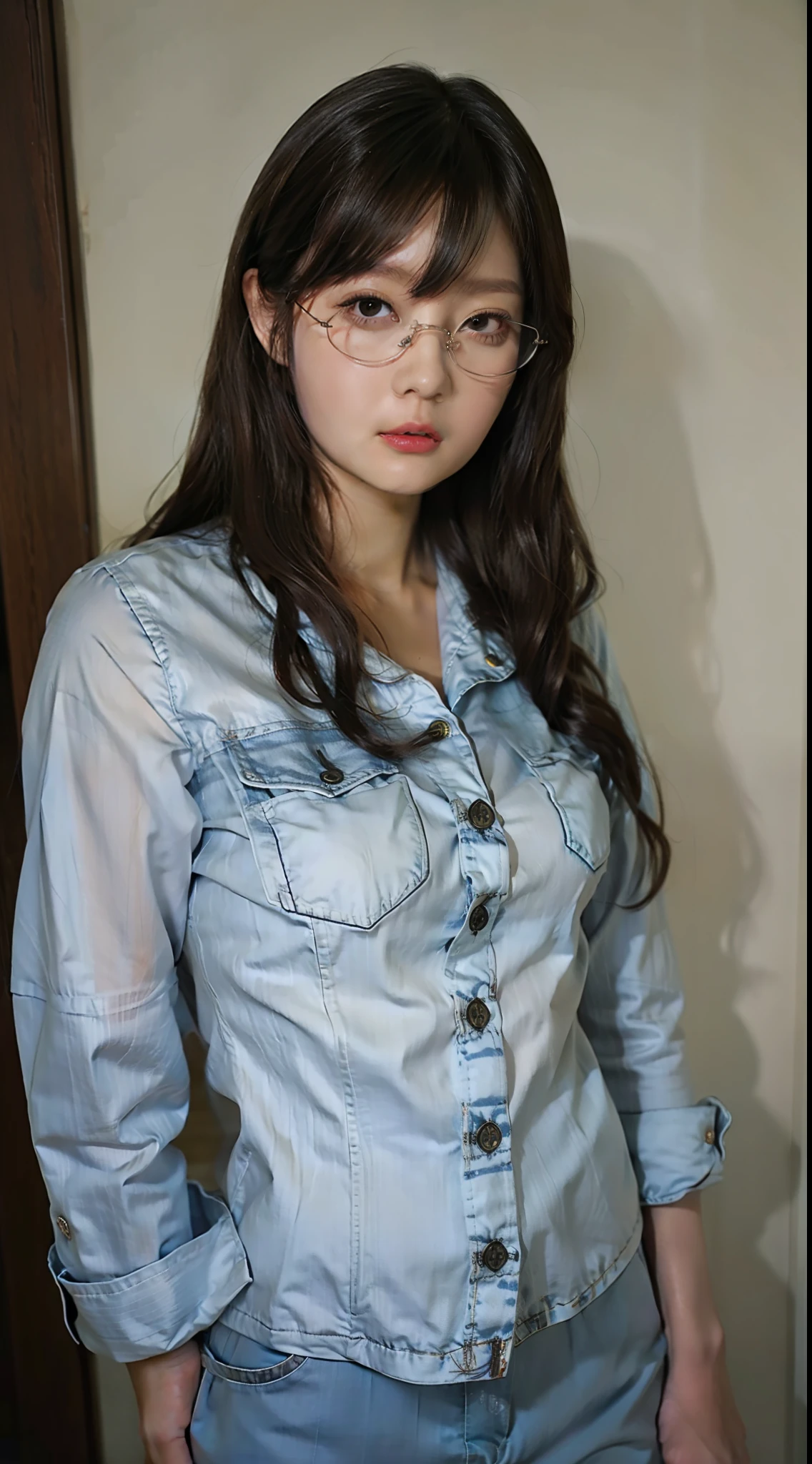 tmasterpiece,high qulity,1girll,denim pant,Clothes that are casually matched,Female teacher,eye glass,Professional Dress,Gentle eyes,Authentic skin texture,dynamicposes,Random background,schools,pupils,crowd of,Fashionab,tidal current,individuality,Versatile