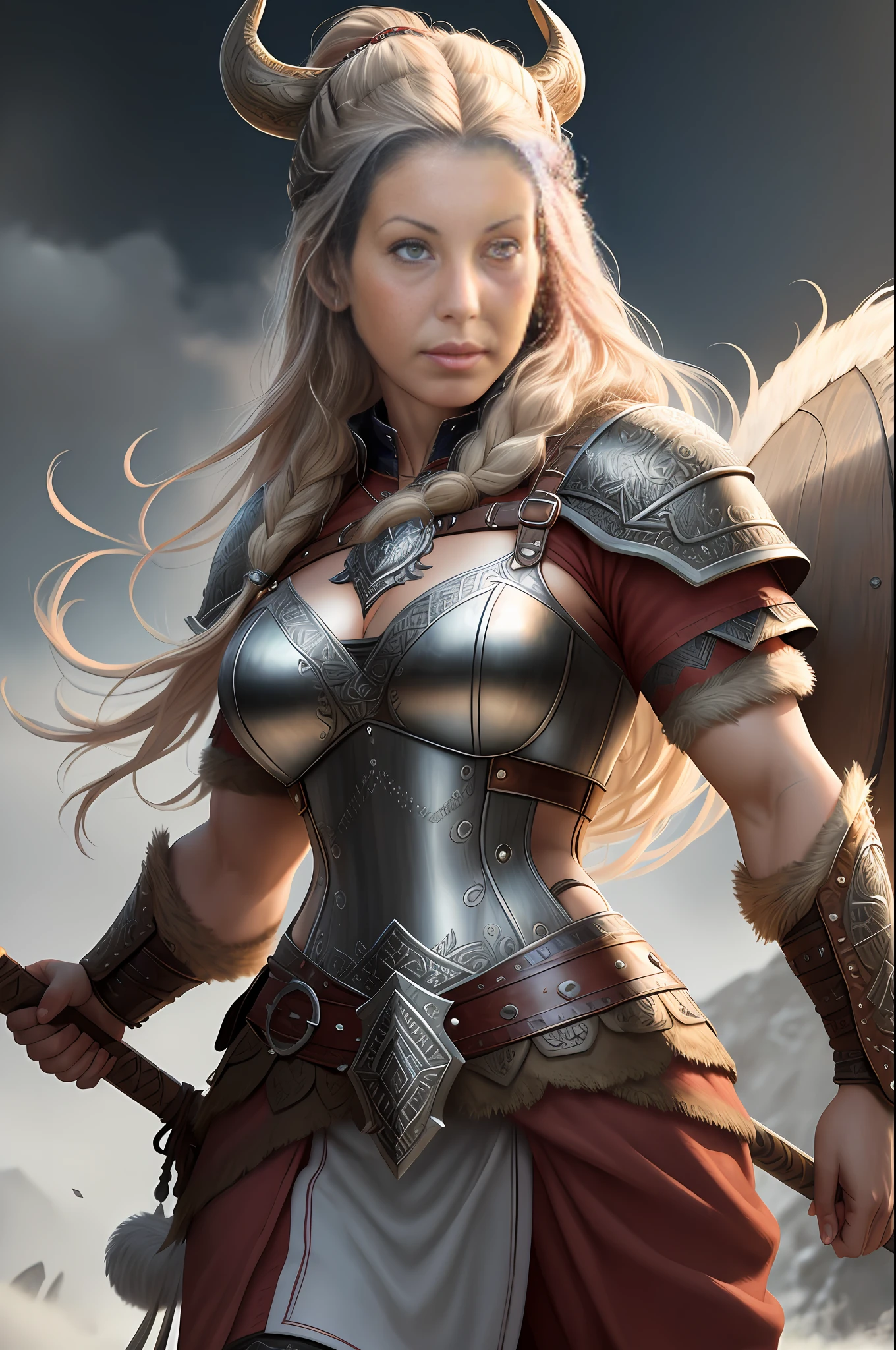 (work of art, hyper-realistic), "powerful viking warrior woman", intricate details, highest quality