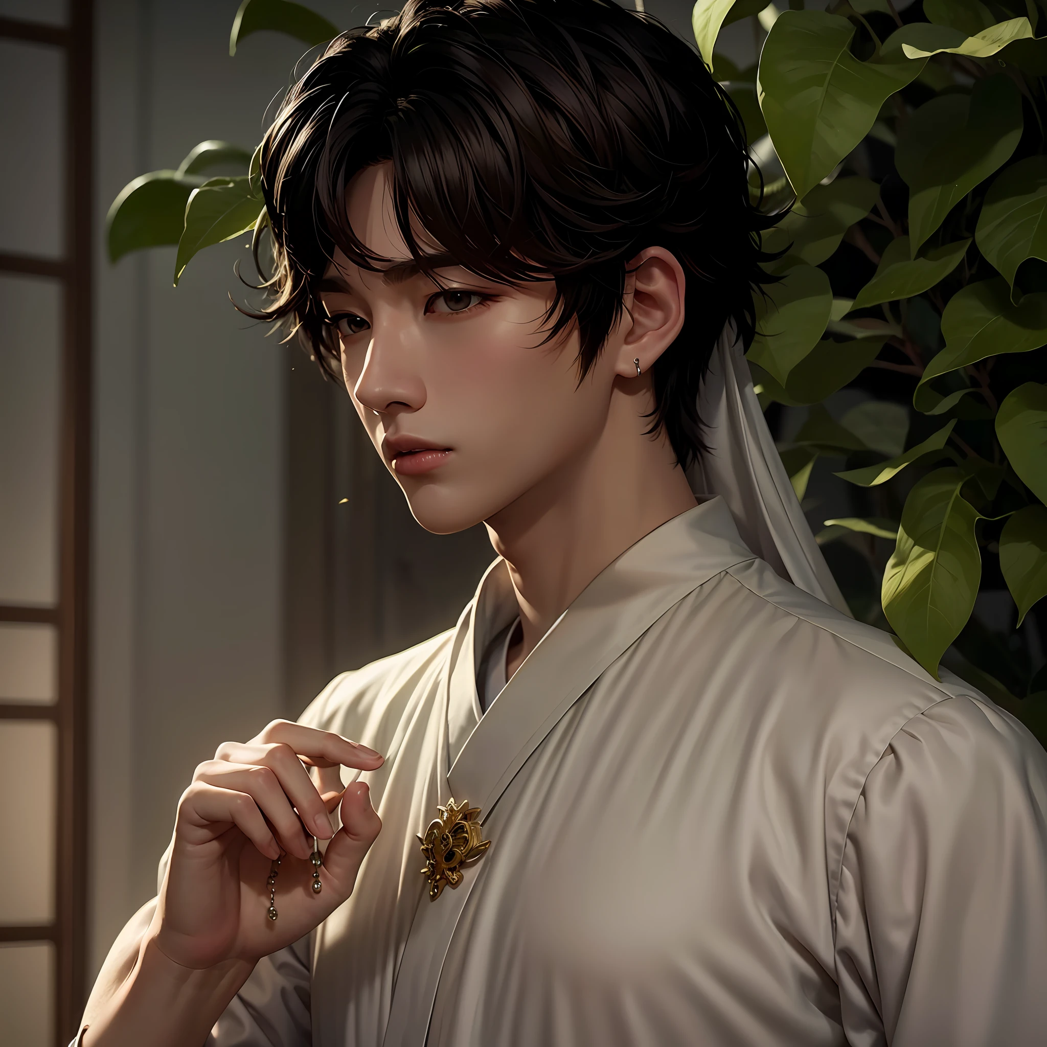 An Arad man in a white shirt holds a rosary and a leaf, Cai Xukun, jinyoung shin aesthetic, Male ulzzang, Kim Do-young, inspired by Chen Chi, Inspired by Bian Shoumin, White Hanfu, handsome japanese demon boy, Inspired by Zhang Han, inspired by jeonseok lee, inspired by Chen Hong