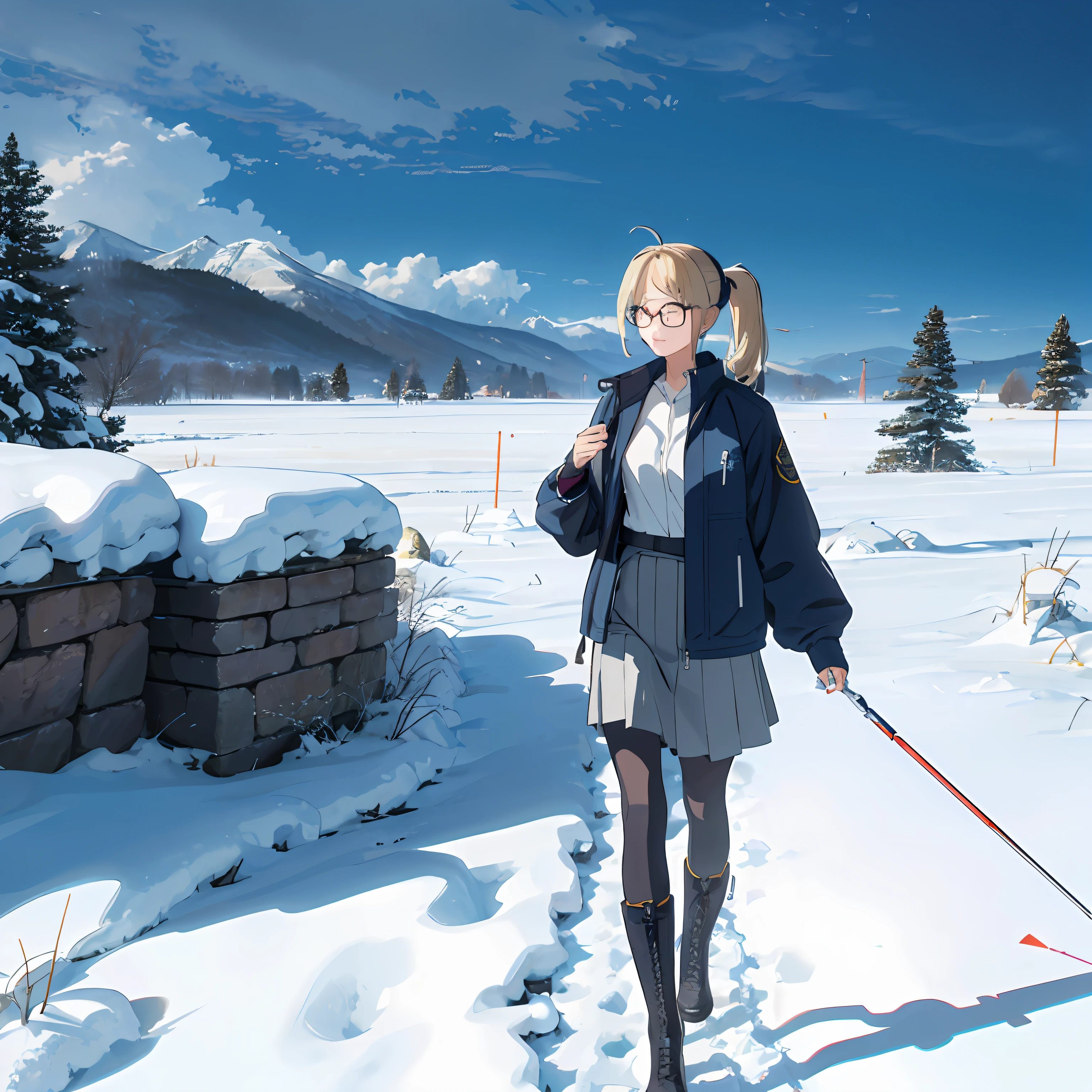((Blonde side ponytail+Slanted glasses+Slim+White headband+White shirt+Black tactical chest hanging+Shoulder length antenna walkie-talkie+Navy Blue Storm jacket+Navy blue pen holder skirt+Combat boots+Black hip tights+Saber at the waist:1.2)|eye glass)(akimbo+Raise an eyebrow)(On the peaks+Heavy snow+Mountain background) (quadratic element|Two-dimensional style),sabre。
