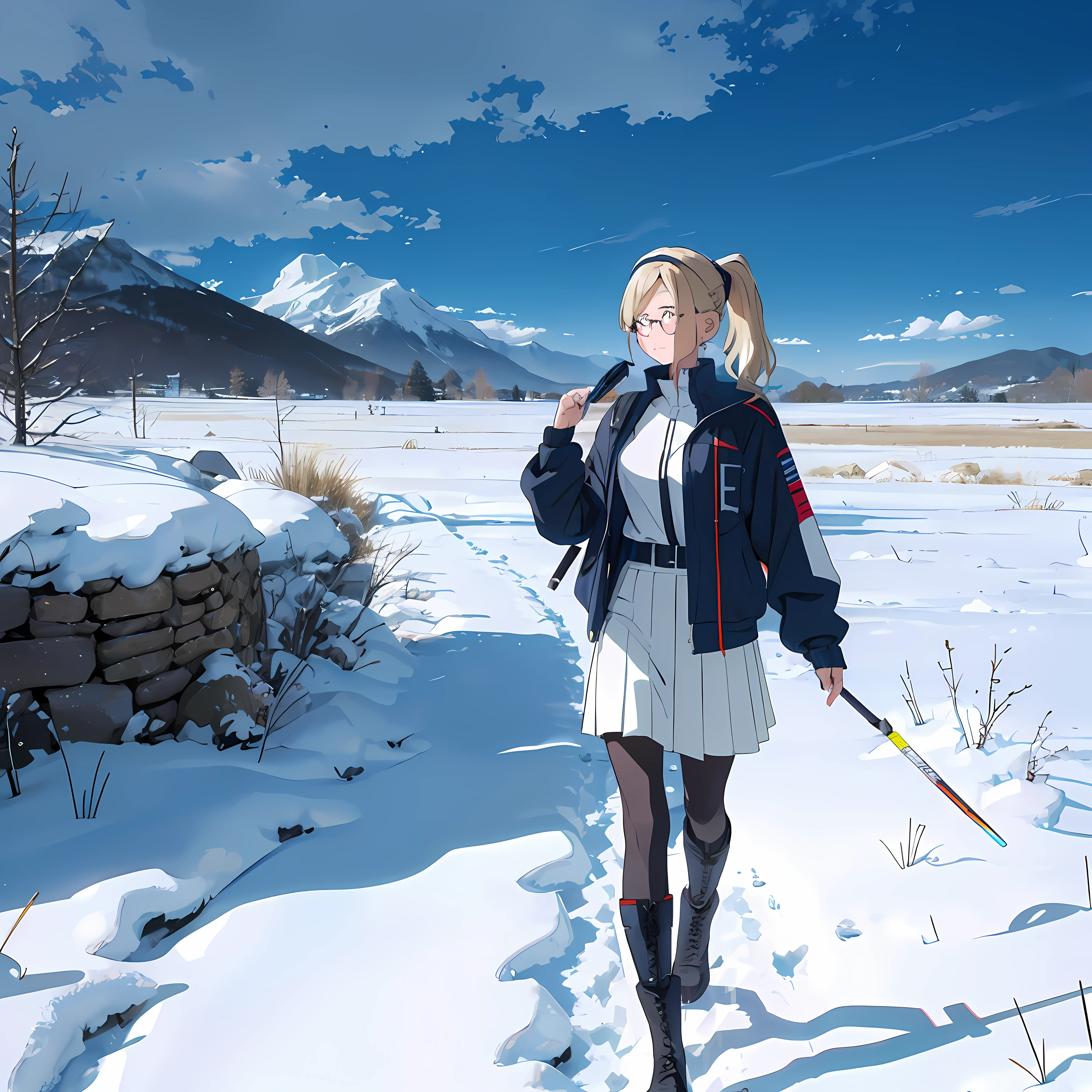 ((Blonde side ponytail+Slanted glasses+Slim+White headband+White shirt+Black tactical chest hanging+Shoulder length antenna walkie-talkie+Navy Blue Storm jacket+Navy blue pen holder skirt+Combat boots+Black hip tights+Saber at the waist:1.2)|eye glass)(akimbo+Raise an eyebrow)(On the peaks+Heavy snow+Mountain background) (quadratic element|Two-dimensional style),sabre。