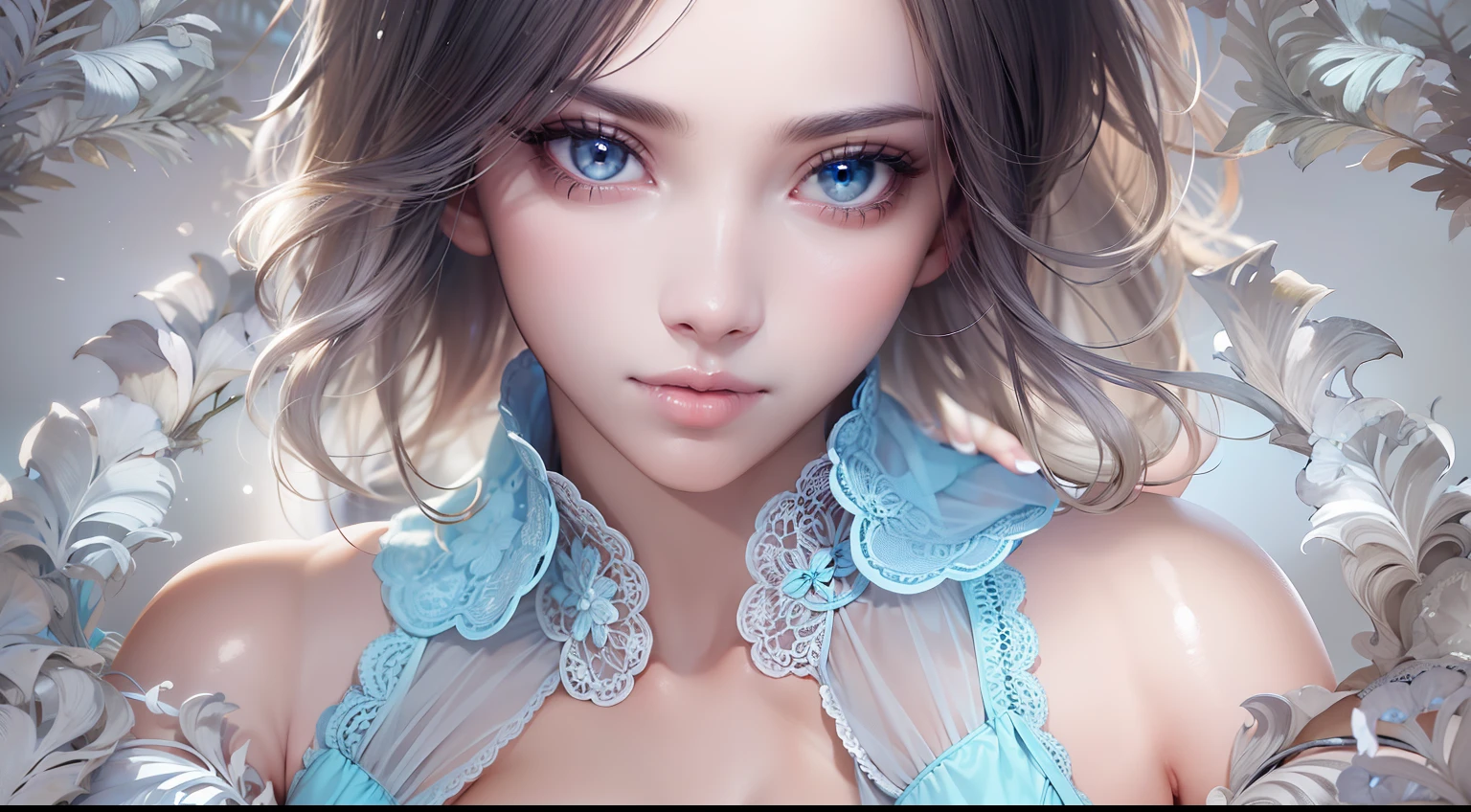 Perfect model,Light blue transparent underwear,full bodyesbian,cabelos preto e longos,Brown beautiful eyes,a sexy pose,Ultra-clear photos,Extremely delicate skin, complexdetails