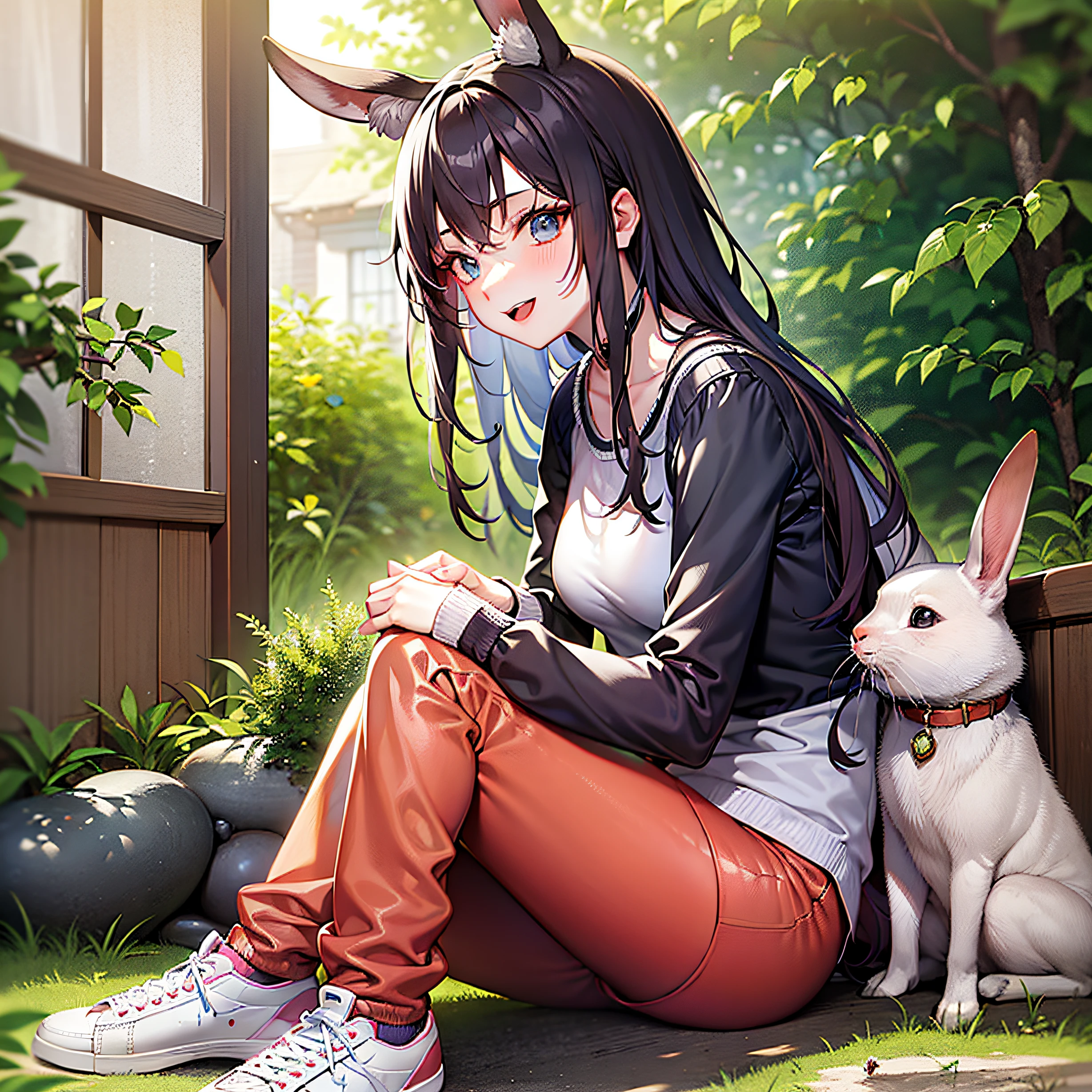 A beautiful girl wears a loose cartoon-patterned T-shirt and comfortable colored sweatpants，Wear a pair of comfortable sneakers on your feet。She sat on the lawn in the garden，A lively and playful rabbit lies on her lap。The beautiful girl's eyes were full of pampering，She caressed the rabbit's hair with her soft fingers，Enjoy its warm touch。The sun shone on her through the gaps in the leaves，Illuminated her lovely smile，Her interaction with the little rabbit forms a warm and playful picture。