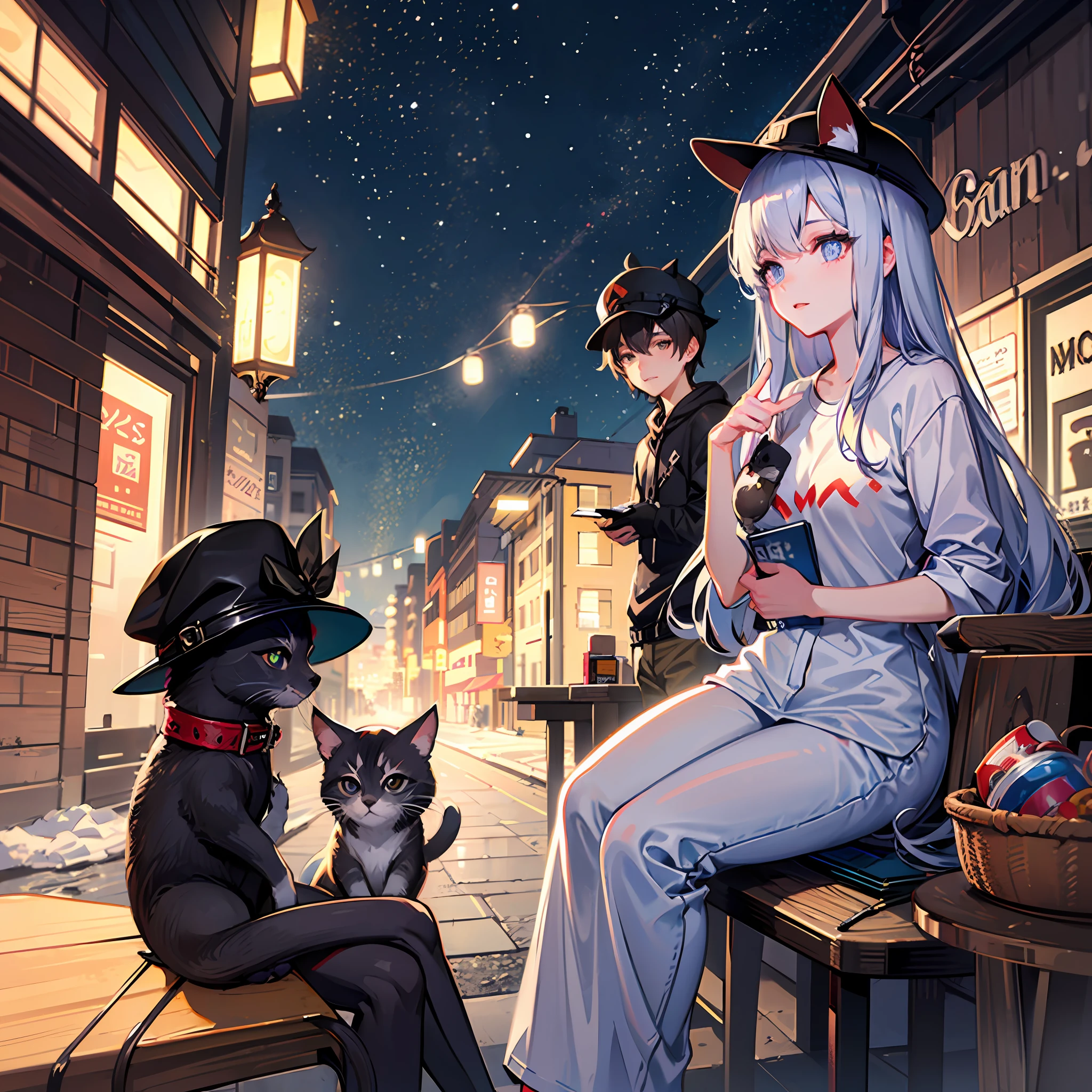 Black hat。white  shirt。Loose trousers。Cangtun Street。snowy day。black facemask。the night。Under street lights。sideface。A kitten。ember --auto