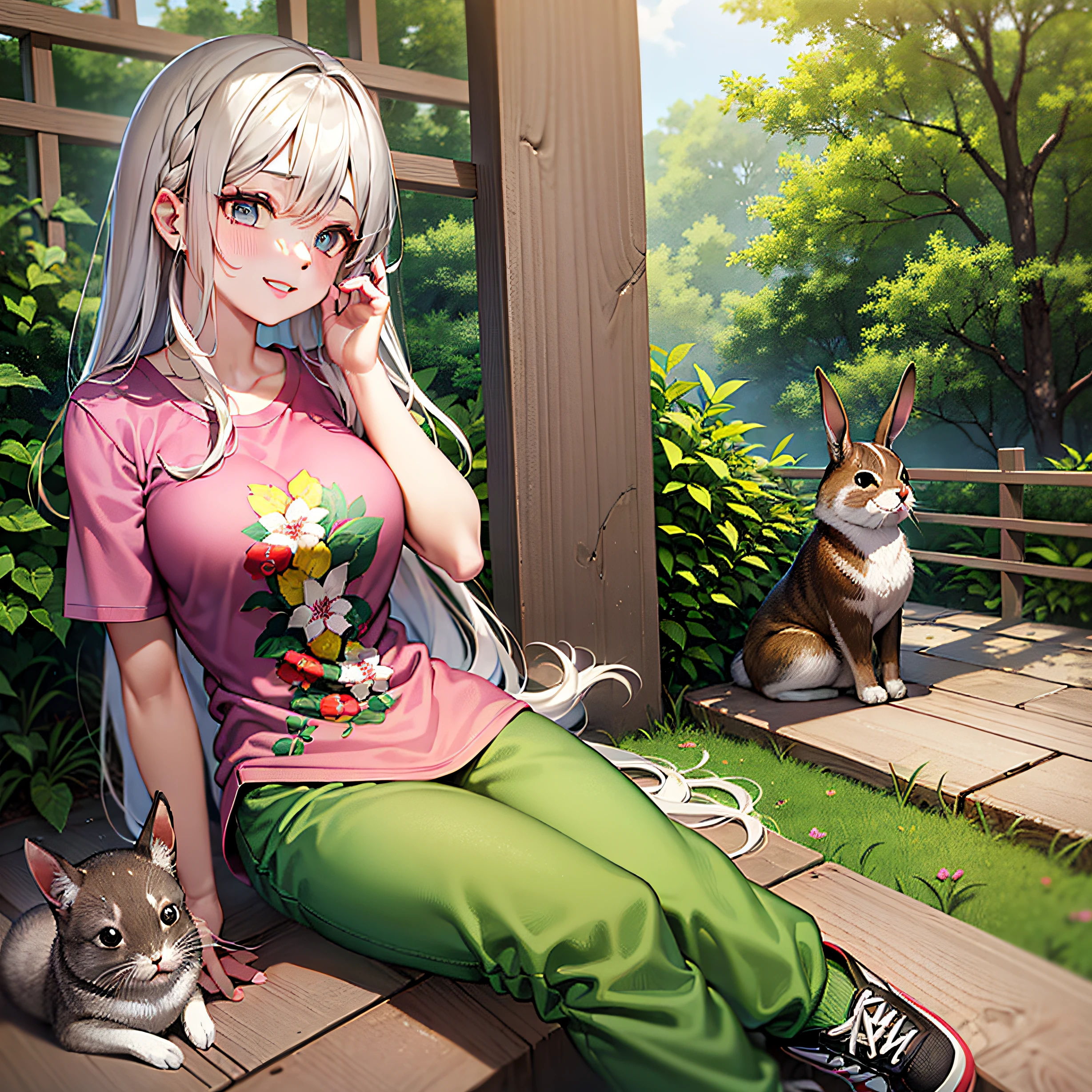 A beautiful girl wears a loose cartoon-patterned T-shirt and comfortable colored sweatpants,Wear a pair of comfortable sneakers on your feet。She sat on the lawn in the garden,A lively and playful rabbit lies on her lap。The beautiful girl's eyes were full of pampering,She caressed the rabbit's hair with her soft fingers,Enjoy its warm touch。The sun shone on her through the gaps in the leaves,Illuminated her lovely smile,Her interaction with the little rabbit forms a warm and playful picture。