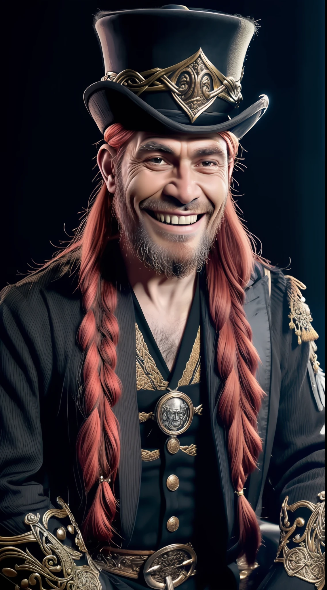 (Face of an old chimpanzee Sage with hyper detailed and realistic human features, olhos dourados, (usando uma barba longa viking vermelha), sarcastic smile), wearing a hyper detailed gothic top hat with adornments, vestindo um sobretudo,olhando pra frente, background with dark lighting