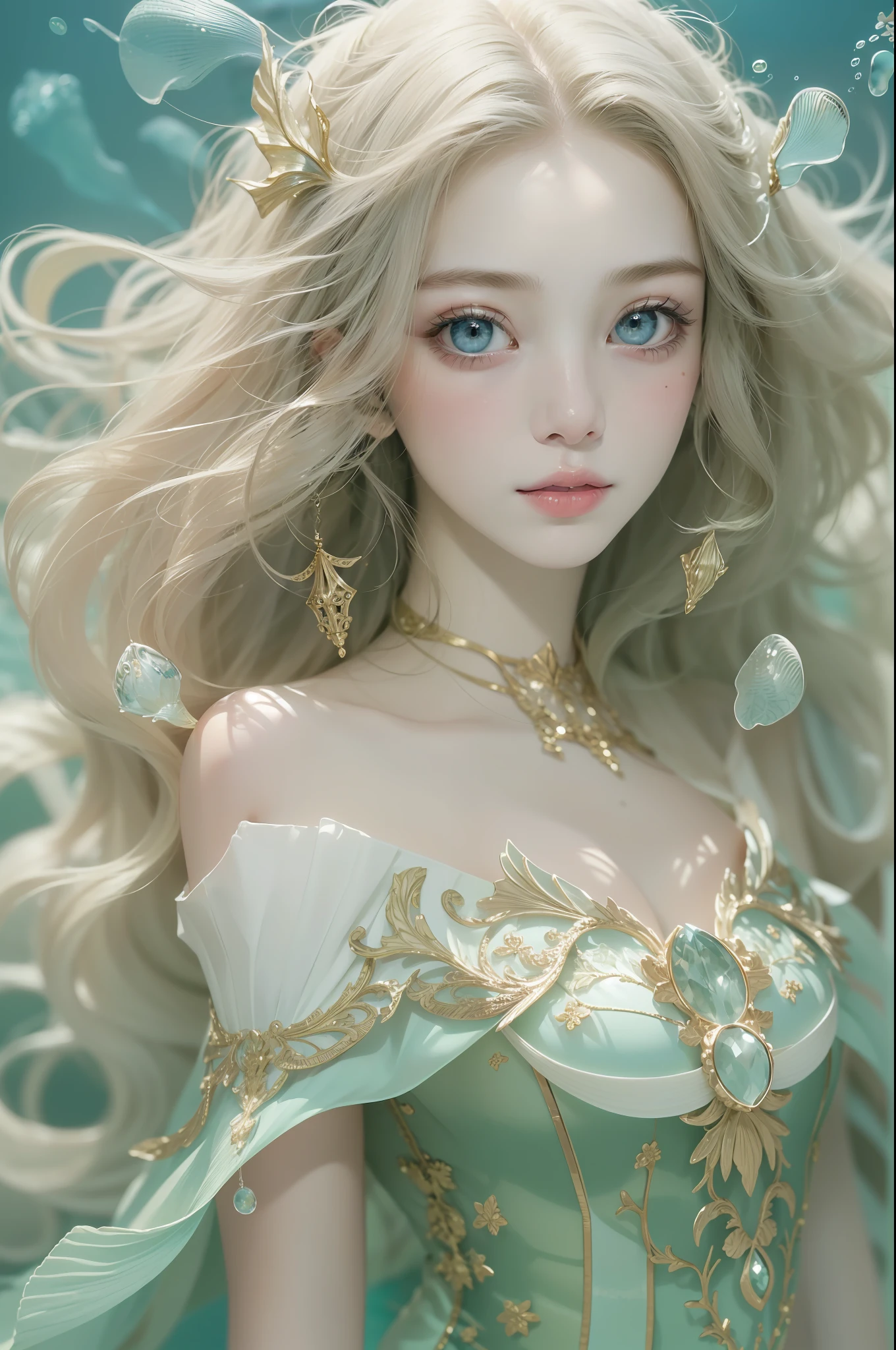 (masterpiece, ultra quality, high-res, 10, intricate: 1.2), (detailed face:1.2),so pretty, Detailed skin, pores, Absurd , whimsical, [Show your shoulders.],1 girl,Mermaid Dresses, ((Realistic)), good lighting quality, korean girl, ((pale skin)), balanced eyes,Princess of the underwater world
