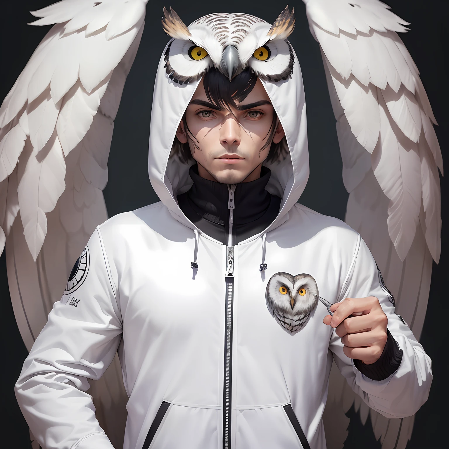 ((obra-prima:1.1),(anatomicamente correto:1.1), bico, Hands, Ave de rapina, (coruja antro: 1.3) , owl, homem, floresta, segurando, Segurando uma pistola, (white jacket:1.2), olhos azuis, standingn, (macho: 1.3), capa, capa preta, (capuz:1.4), arm wraps, envolvimentos de pernas, , (white jacket: 1.5), (owl symbol: 1.5) , fundo detalhado, 8k, brincos, colar, ao ar livre, tension, noite, Homem, macho, masculino, owl face. --auto
