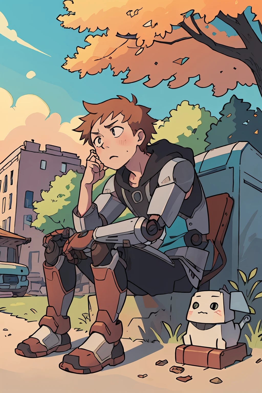 (masterpiece:1.2, best quality), (highly detailed:1.3), a perfect anime illustration of (old rusty robot sitting on ground, rusty, sad, beg for money), summer town, trees, ruins, crowd, sunny, vibrant colors, bright, low angle, wide angle