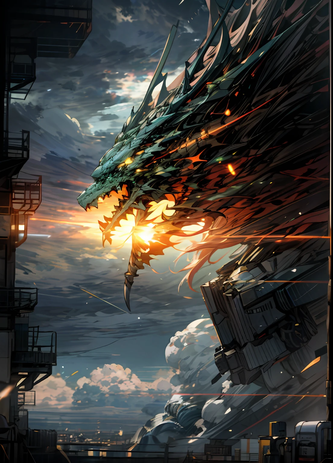 Sky, Clouds, holding_weapon, no_humans, Glow, Robot, Architecture, glowing_eyes, Mecha, Science Fiction, City, Reality, Mecha, Dragon