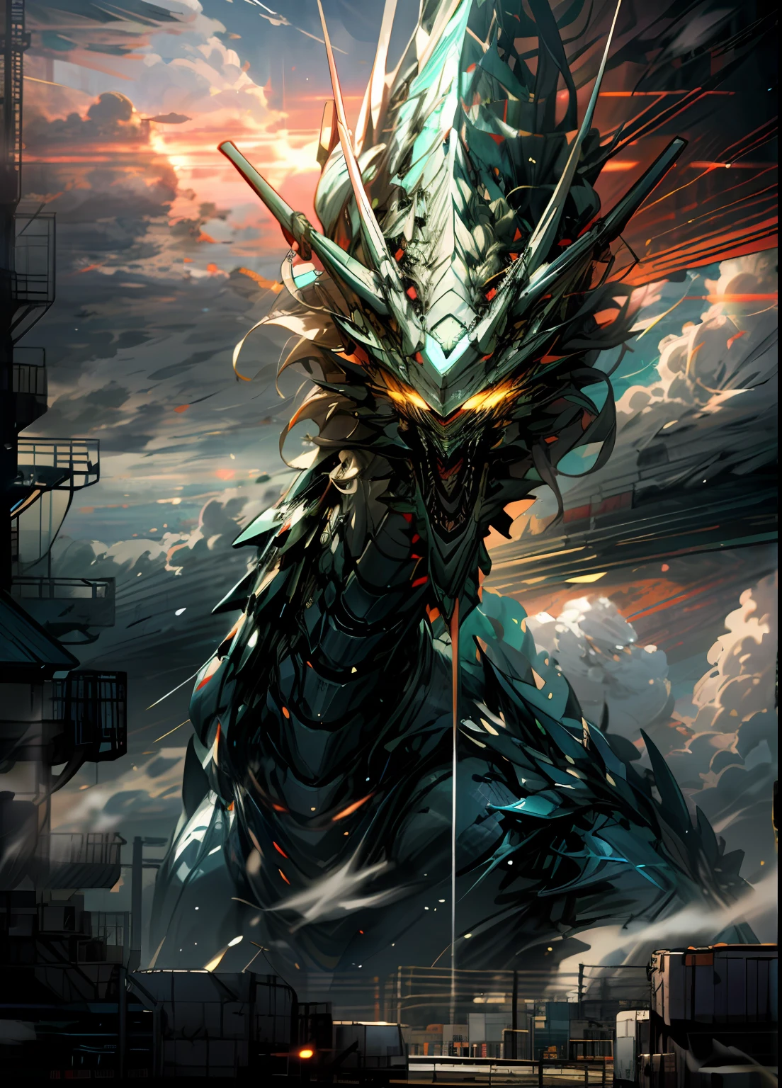 Sky, Clouds, holding_weapon, no_humans, Glow, Robot, Architecture, glowing_eyes, Mecha, Science Fiction, City, Reality, Mecha, Dragon
