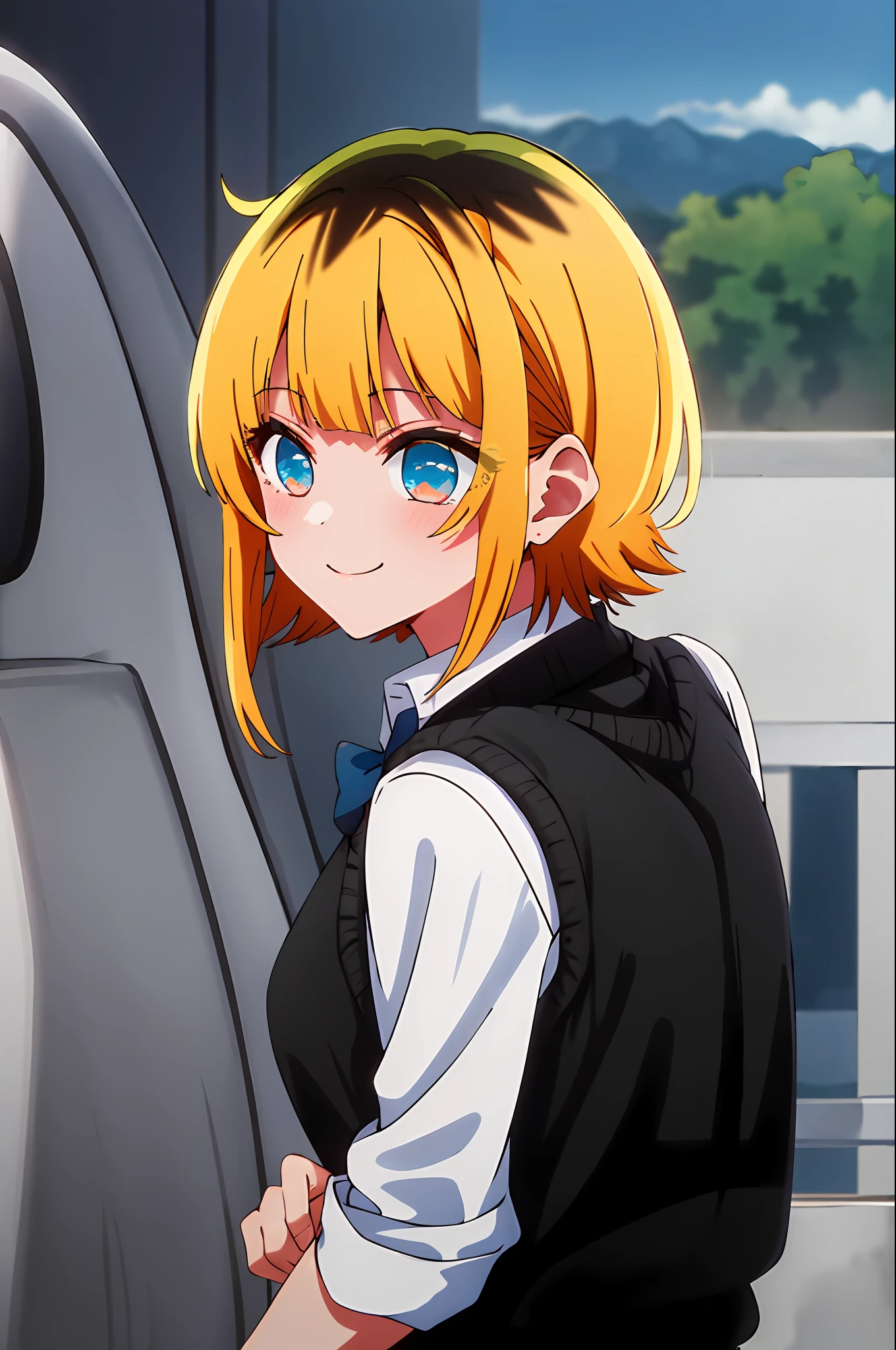 masterpiece, hightquality, Hi-Res, MEMcho, 1girl in, 独奏, cowboy shot, skirt by the, Brown skirt, Black vest, Sweater Vest, Black shirt, Blue bow tie、The upper part of the body、a smile