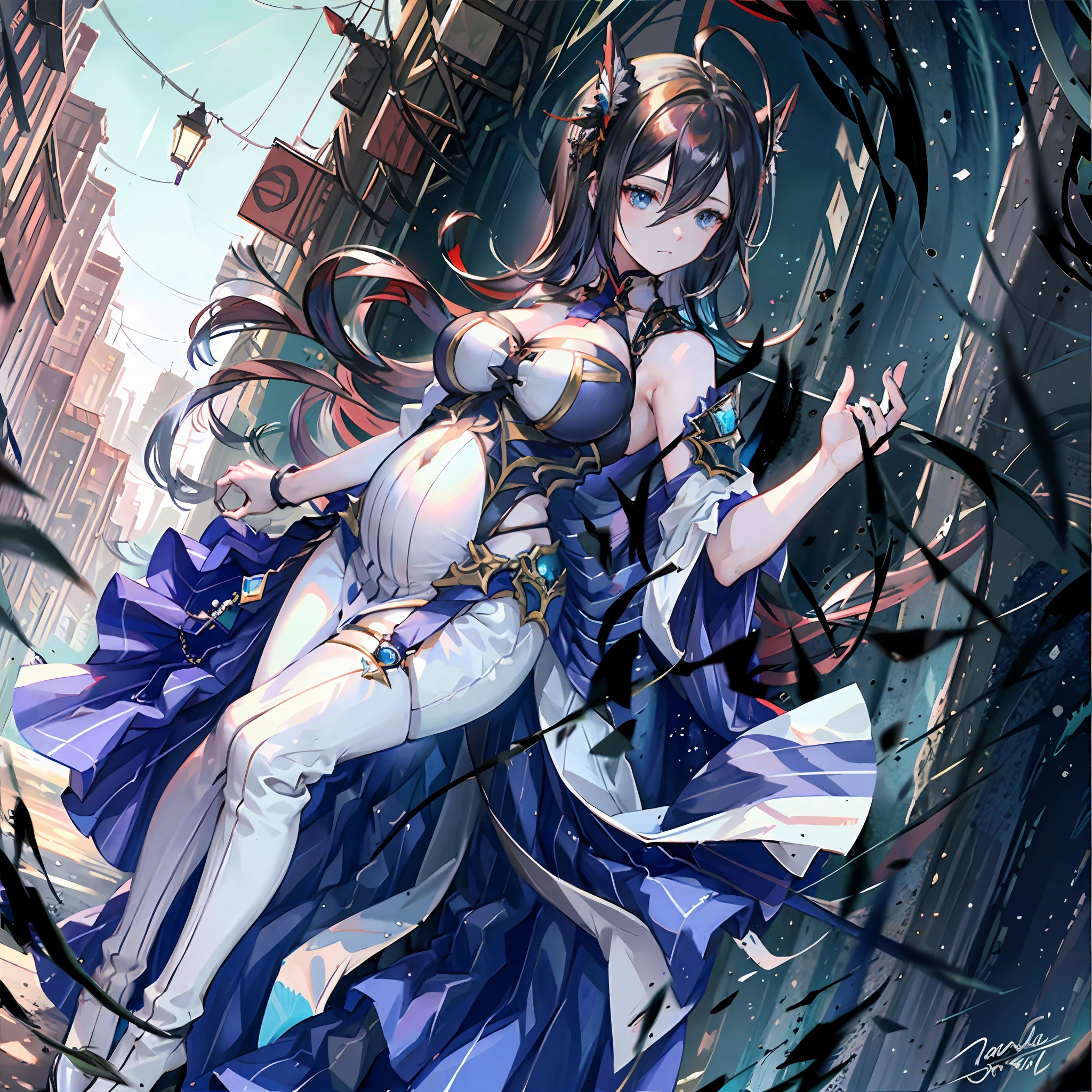 tmasterpiece, Best quality, (Detailed eyes and skin), ((Realistic)), , 1girll, Purple hair dress_Hair, golden colored_clothes, black_clothes, Blue_Eyes, Blue_sky, bblurry, bblurry_Background, bblurry_foreground, (modern_City:1.5), mediating_Breasts, Exercise_bblurry,photore_\（curly\），long whitr hair，Skysky，独奏，Full body body，Pregnant belly，Beth，Showing the belly，youthfulenergy，18-year-old girl，adolable，Two-dimensional painting style，Pregnant women with，Best quality, 8K, High quality,, hair adornments, hair-bun, Long hair, bangs, bow,  maid headdress, upper legs, Stockings, white thighhighs, cleavage cutout, Face focus, Close-up of a ?????? in the distance, (Heart-shaped pupils:0.9), (Blush:0.65), (1girll, Solo:1.4), Cityscape, Blue sky, Bright sky, Sunny, holding flower, Large breasts, Detailed background, Detailed clouds,Pregnant belly，Two-dimensional painting style，(Masterpiece), Best quality, Fine details, Highest picture quality, Masterpiece,exquisite CG,1girll,Closed mouth,Brown eyes,Long hair,bangs,Bare shoulders, cleavage,(Big breasts:1.4),Bare arms,navel,Lace,a garter belt,Thighs,Loli,White pantyhose,water,hyper pregnant,Girl,SushangV4,Yae,SideBraid,Black bandeau，black lence stockings