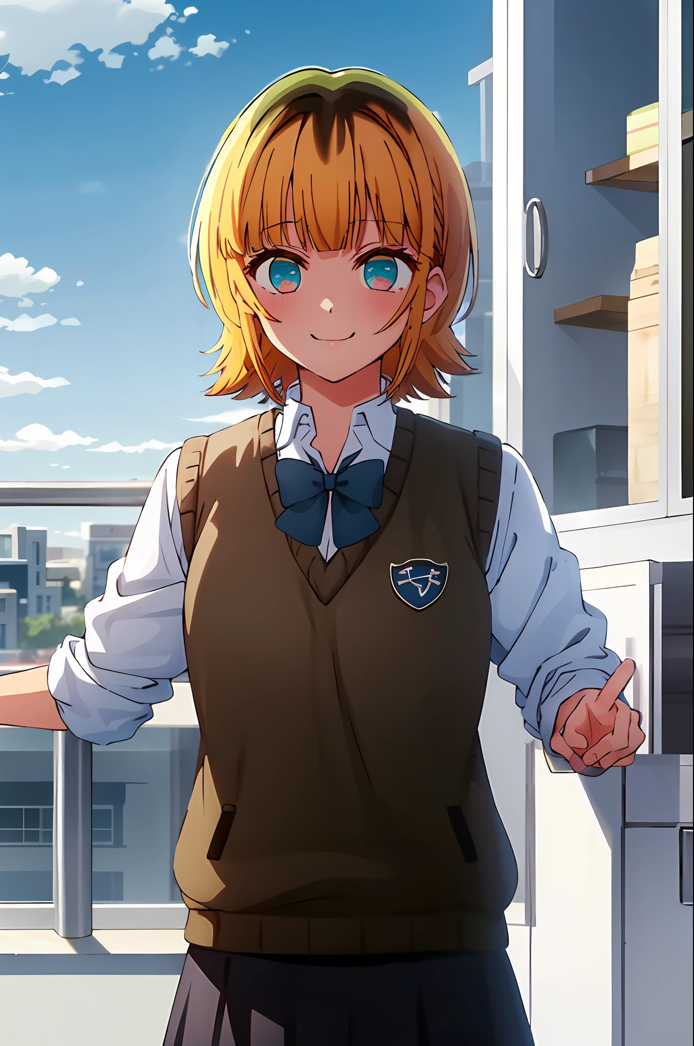 masterpiece, hightquality, Hi-Res, MEMcho, 1girl in, 独奏, cowboy shot, skirt by the, Brown skirt, Black vest, Sweater Vest, Black shirt, Blue bow tie、The upper part of the body、a smile