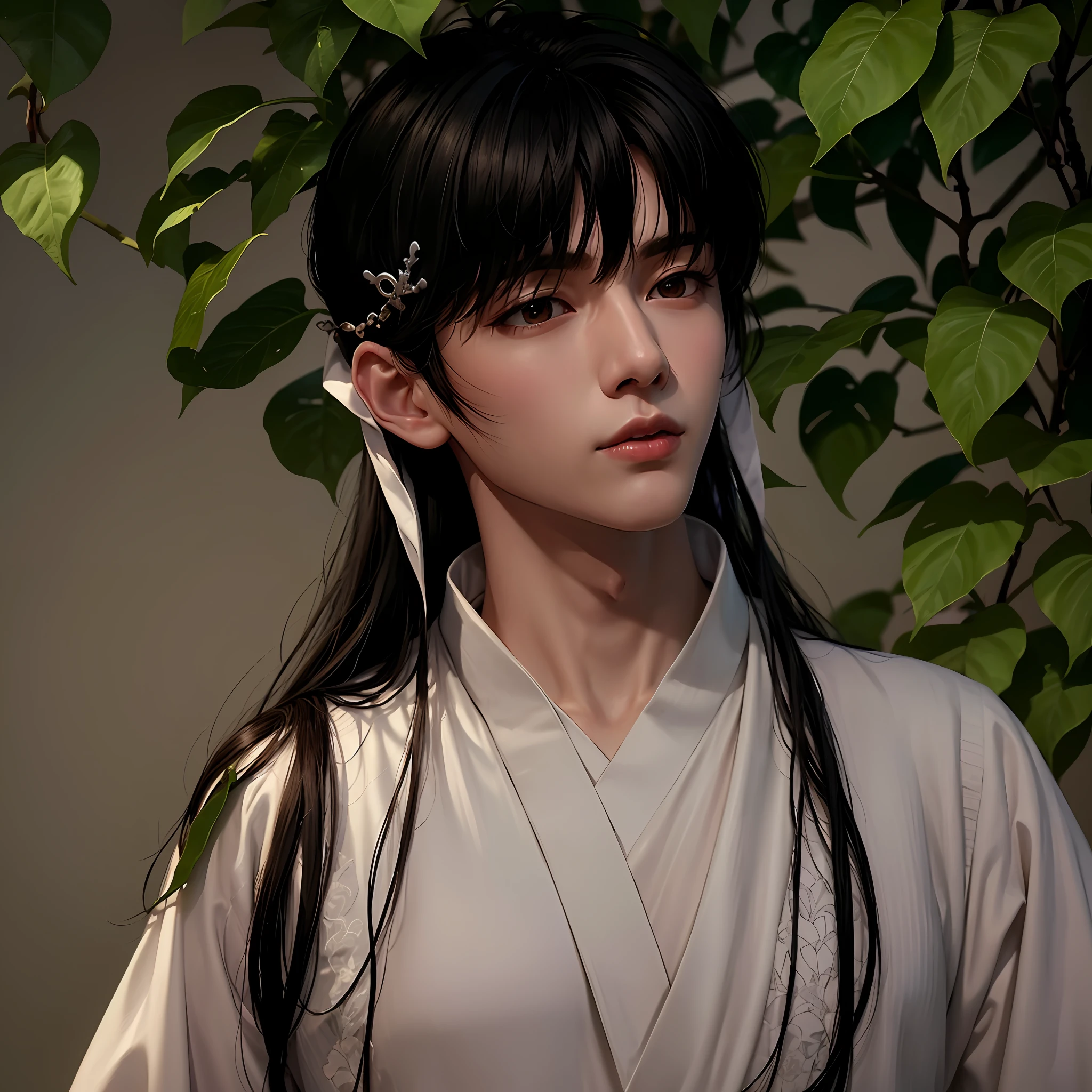 An Arad man in a white shirt holds a rosary and a leaf, Cai Xukun, jinyoung shin aesthetic, Male ulzzang, Kim Do-young, inspired by Chen Chi, Inspired by Bian Shoumin, White Hanfu, handsome japanese demon boy, Inspired by Zhang Han, inspired by jeonseok lee, Delicate androgynous prince, inspired by Chen Hong