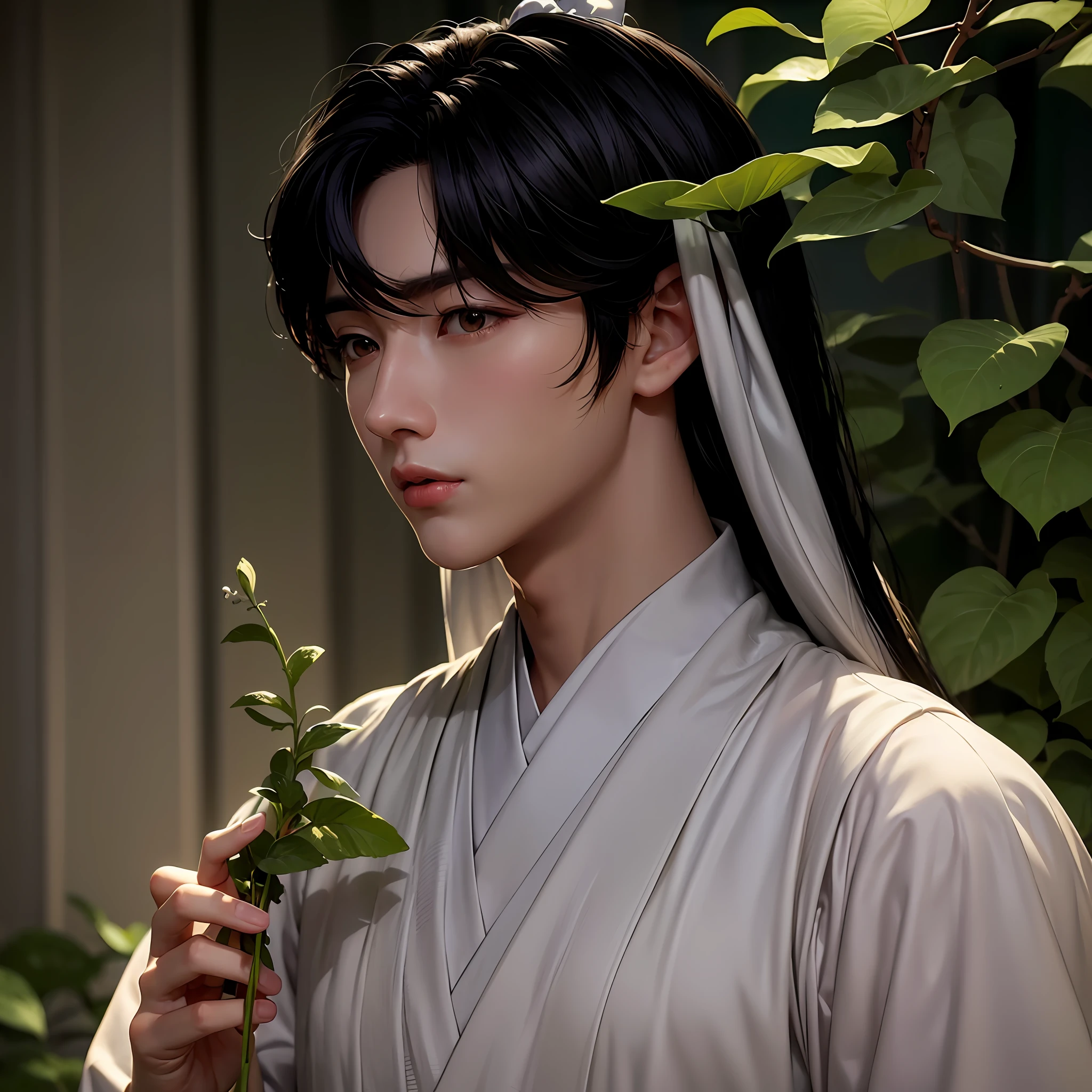 An Arad man in a white shirt holds a rosary and a leaf, Cai Xukun, jinyoung shin aesthetic, Male ulzzang, Kim Do-young, inspired by Chen Chi, Inspired by Bian Shoumin, White Hanfu, handsome japanese demon boy, Inspired by Zhang Han, inspired by jeonseok lee, Delicate androgynous prince, inspired by Chen Hong